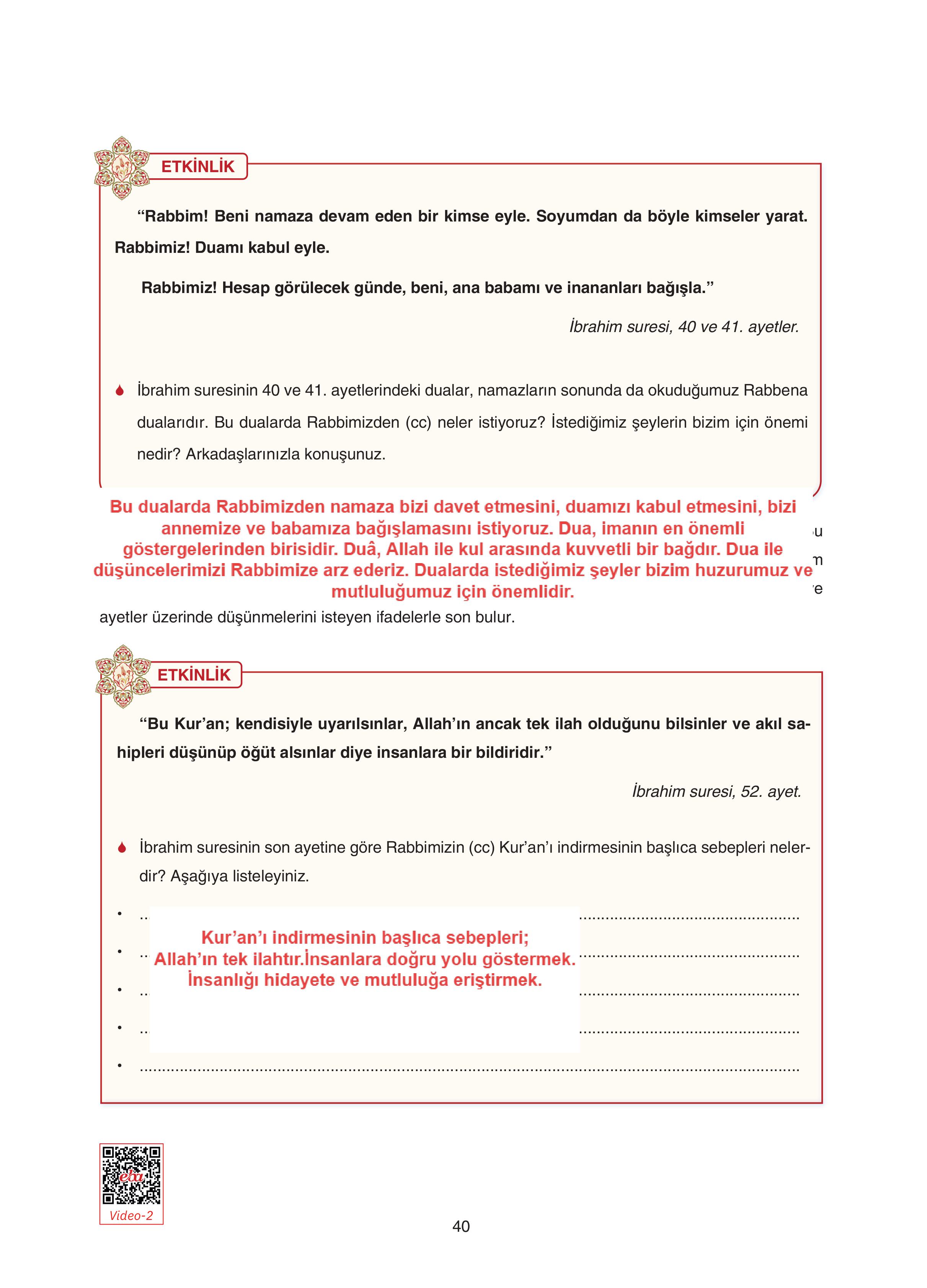 7. Sınıf Sdr Dikey Yayıncılık Kur'an- Kerim Ders Kitabı Sayfa 40 Cevapları