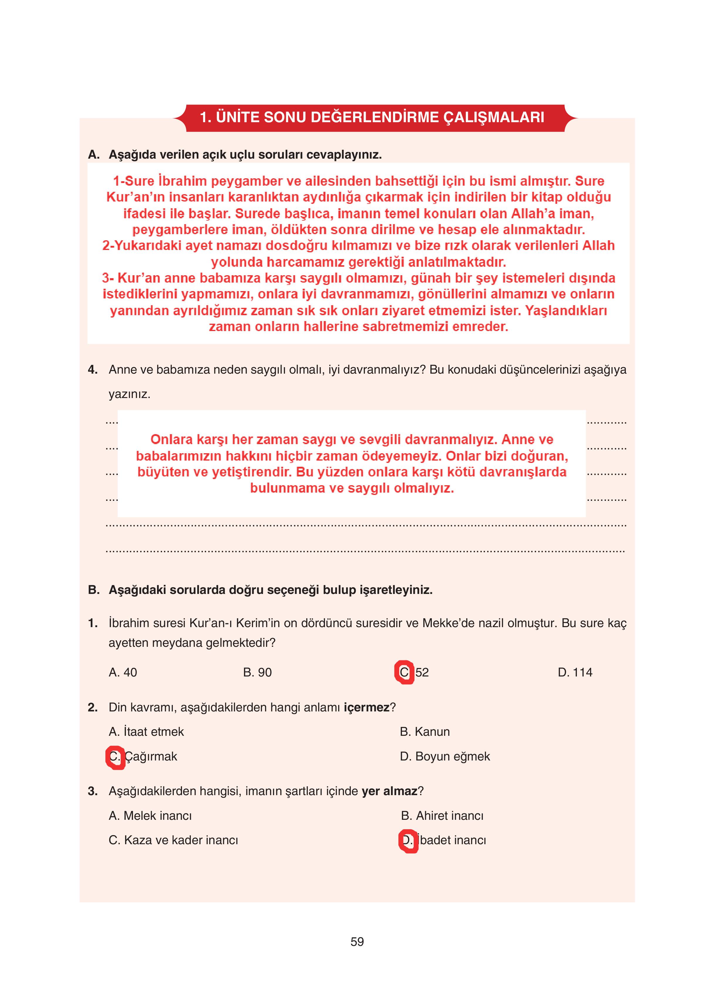 7. Sınıf Sdr Dikey Yayıncılık Kur'an- Kerim Ders Kitabı Sayfa 59 Cevapları