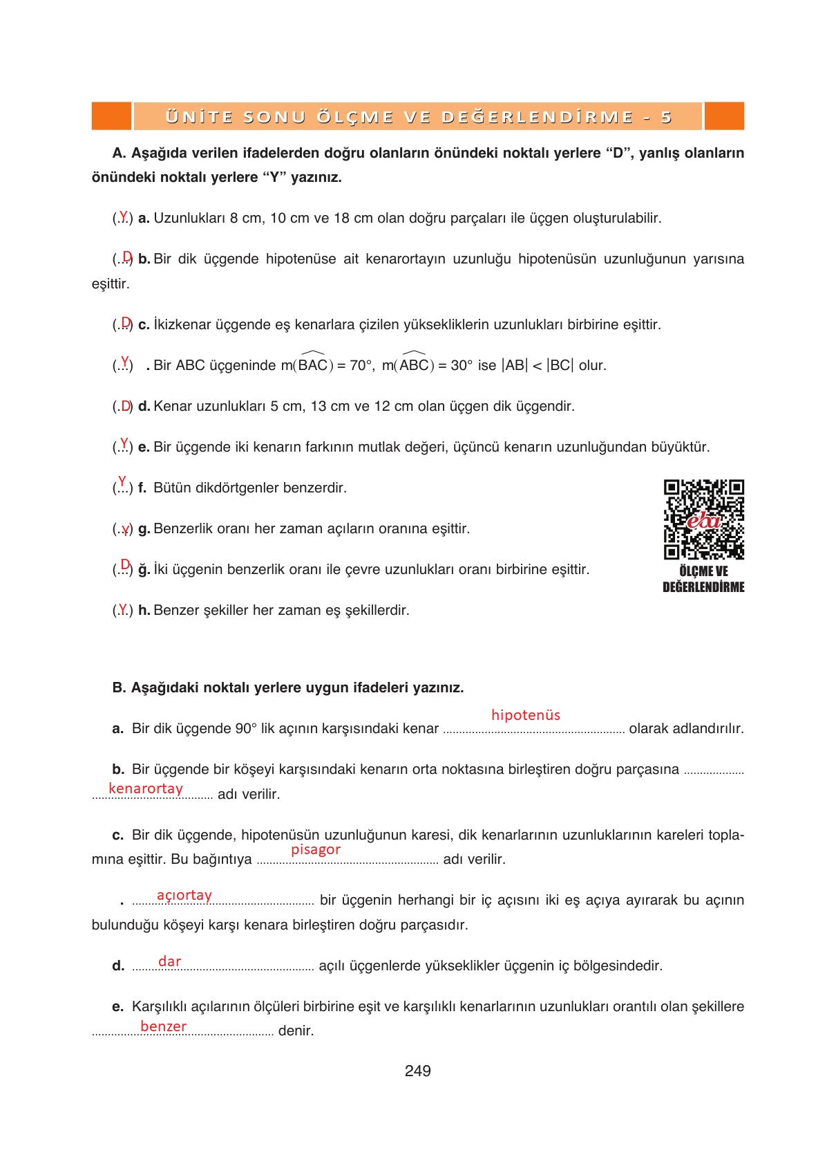 8. Sınıf Ada Yayıncılık Matematik Ders Kitabı Sayfa 249 Cevapları