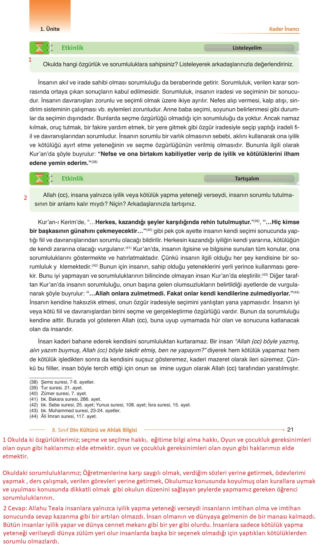 8. Sınıf Gezegen Yayıncılık Din Kültürü Ve Ahlak Bilgisi Ders Kitabı Sayfa 21 Cevapları