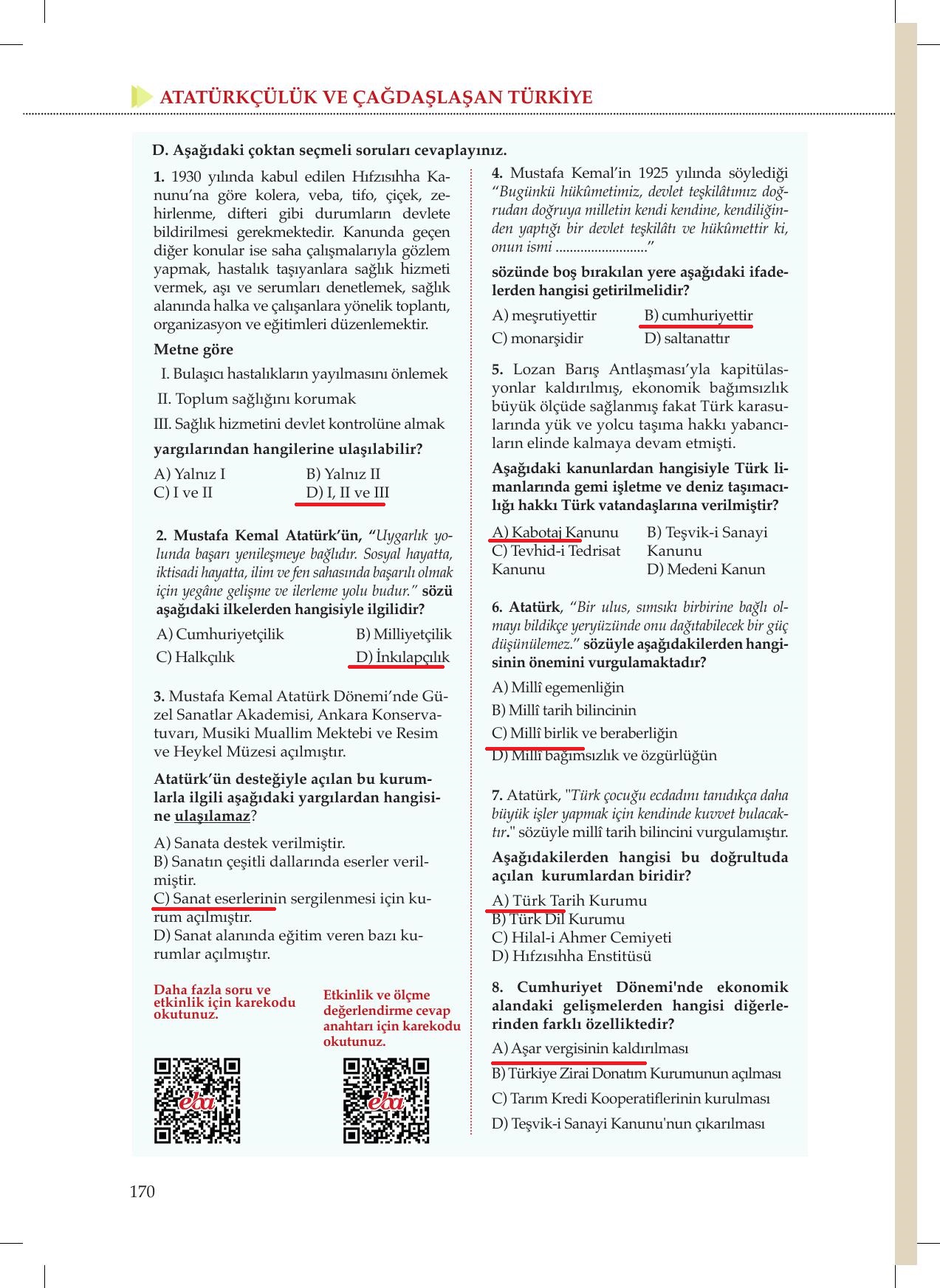 8. Sınıf Meb Yayınları İnkılap Tarihi Ve Atatürkçülük Ders Kitabı Sayfa 170 Cevapları