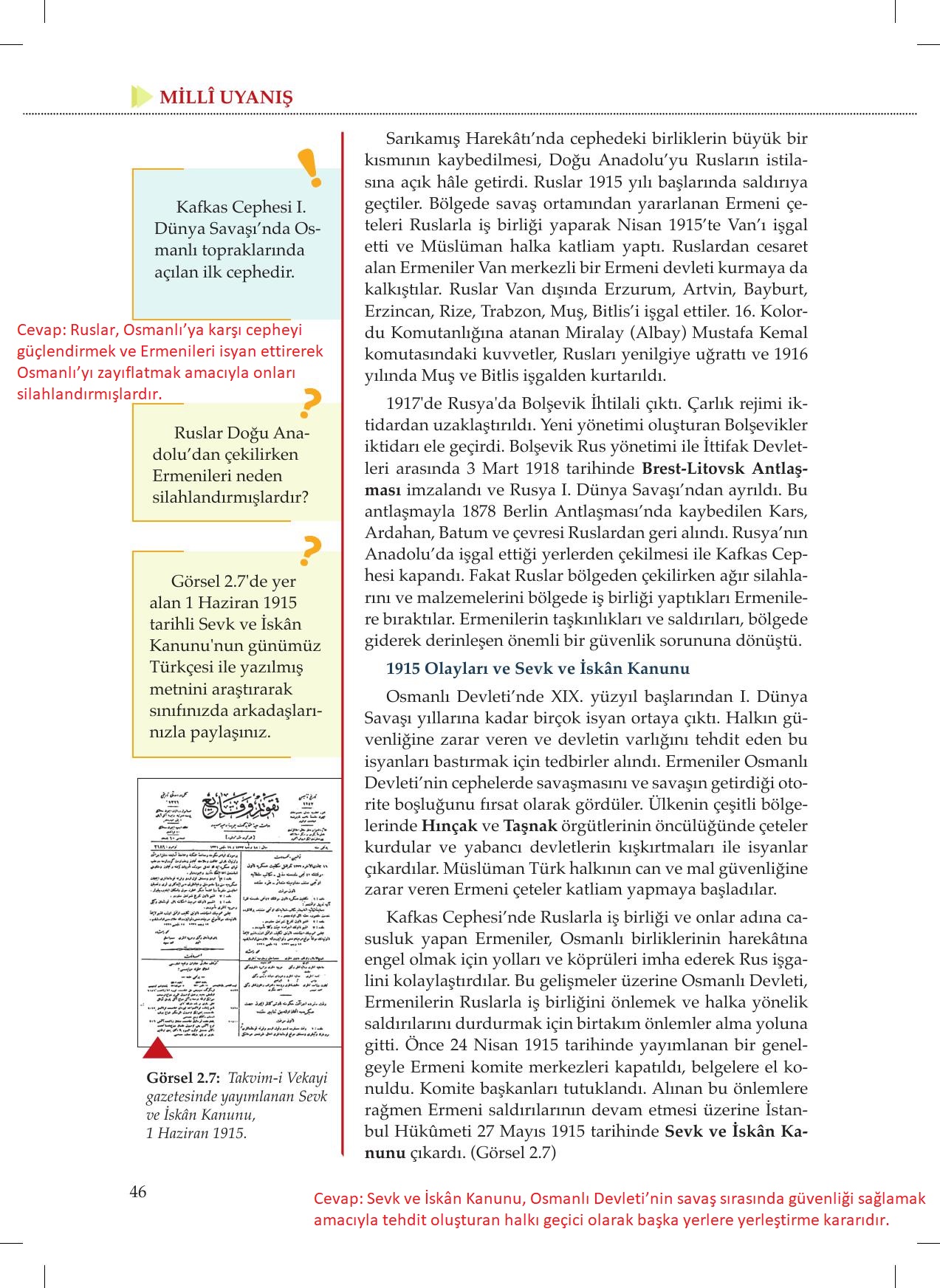 8. Sınıf Meb Yayınları İnkılap Tarihi Ve Atatürkçülük Ders Kitabı Sayfa 46 Cevapları
