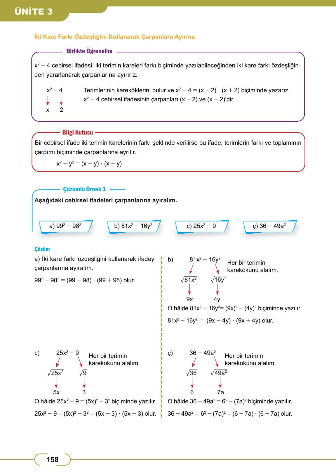8. Sınıf Meb Yayınları Matematik Ders Kitabı Sayfa 158 Cevapları 8. Sınıf Meb Yayınları Matematik Ders Kitabı Sayfa 158 Cevapları