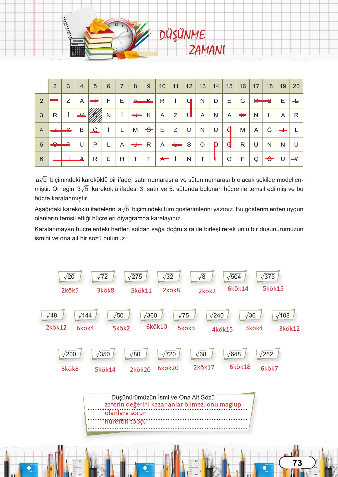 8. Sınıf Meb Yayınları Matematik Ders Kitabı Sayfa 73 Cevapları