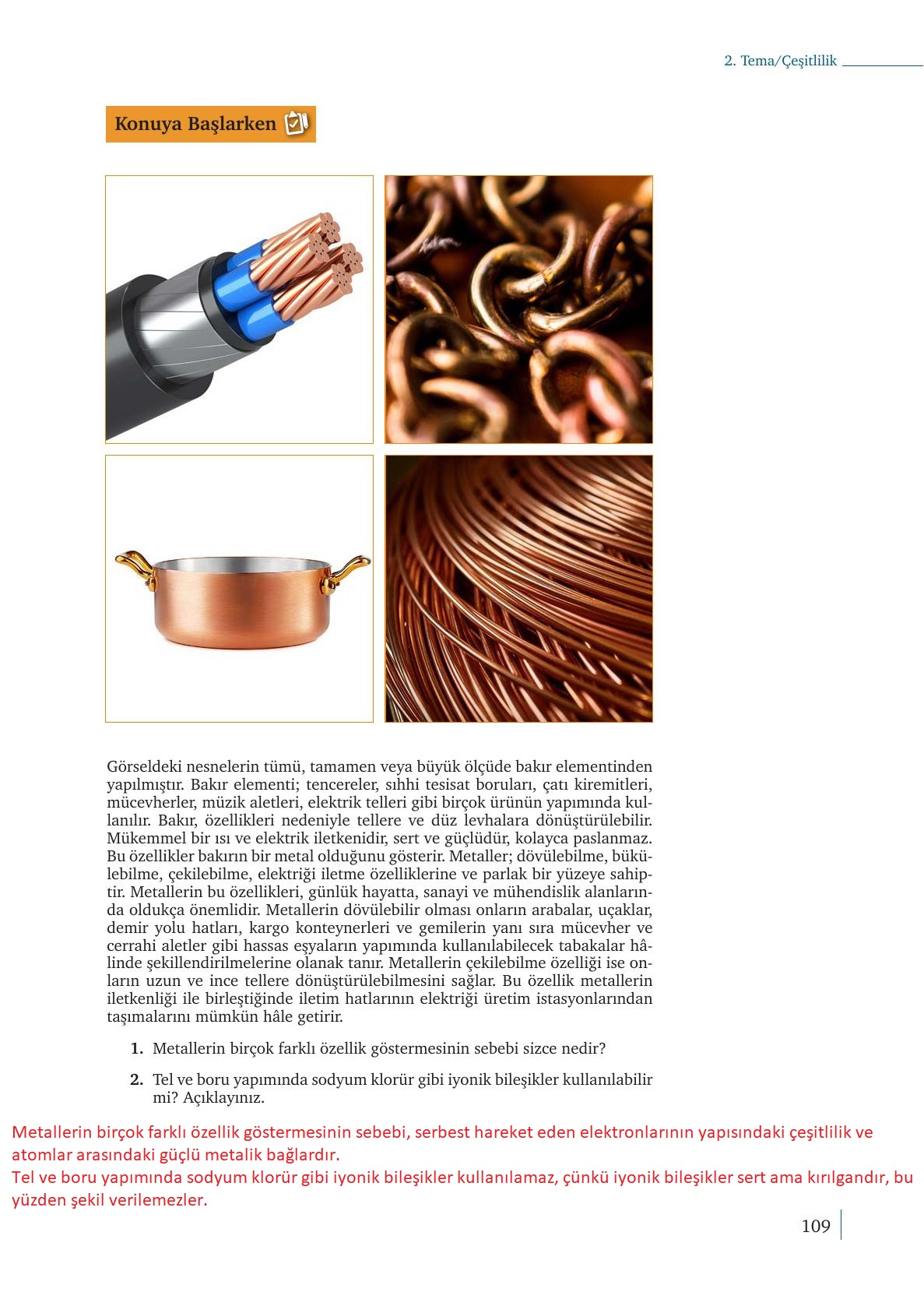 9. Sınıf Meb Yayınları Kimya Ders Kitabı Sayfa 109 Cevapları