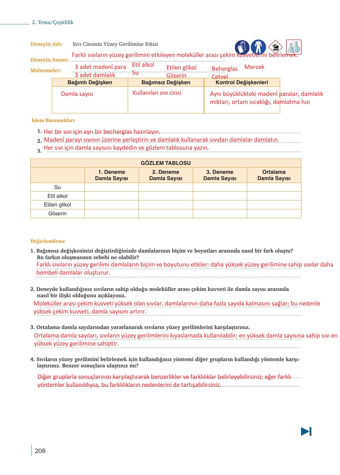 9. Sınıf Meb Yayınları Kimya Ders Kitabı Sayfa 208 Cevapları
