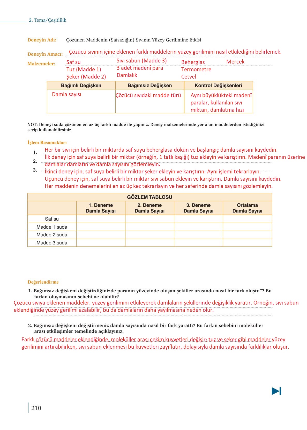 9. Sınıf Meb Yayınları Kimya Ders Kitabı Sayfa 210 Cevapları