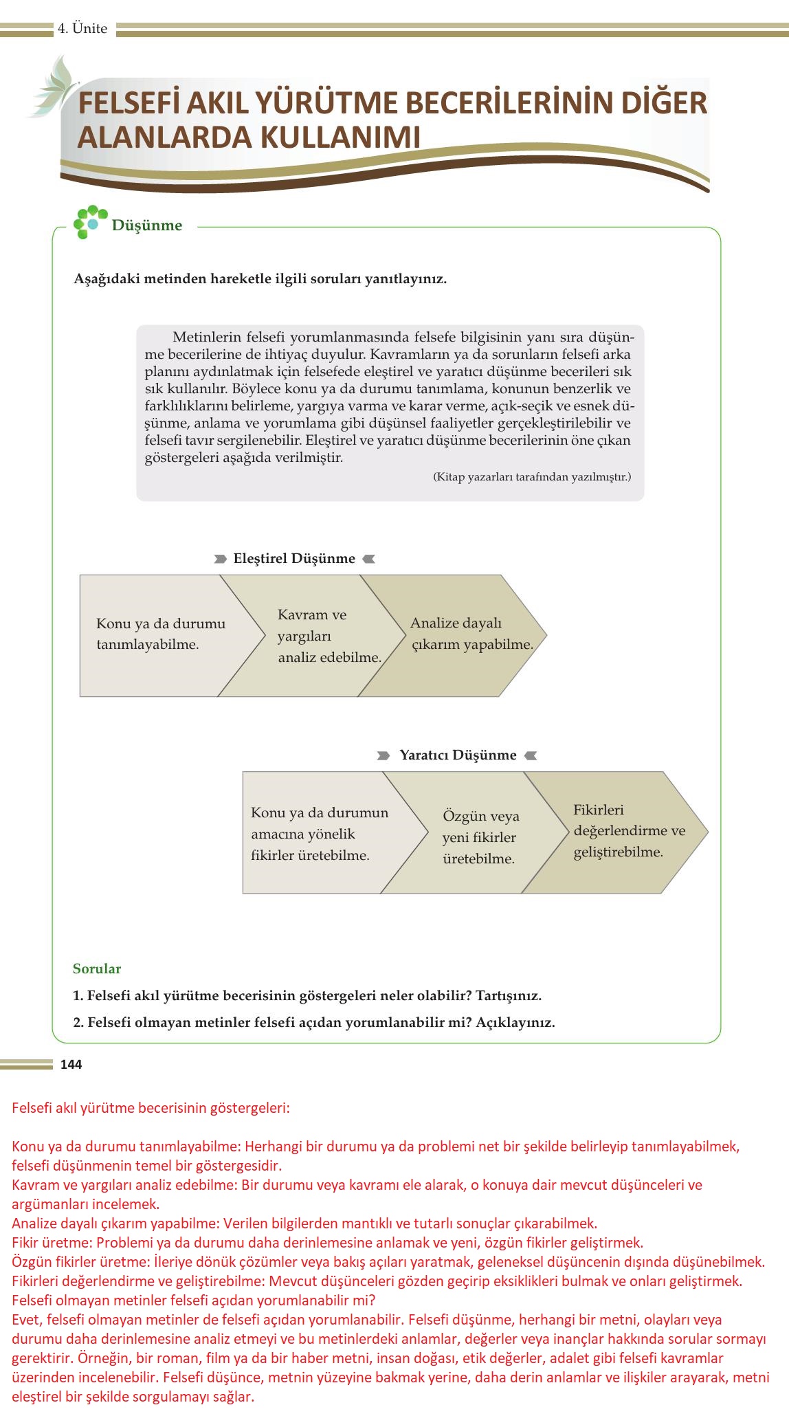 10. Sınıf Meb Yayınları Felsefe Ders Kitabı Sayfa 144 Cevapları