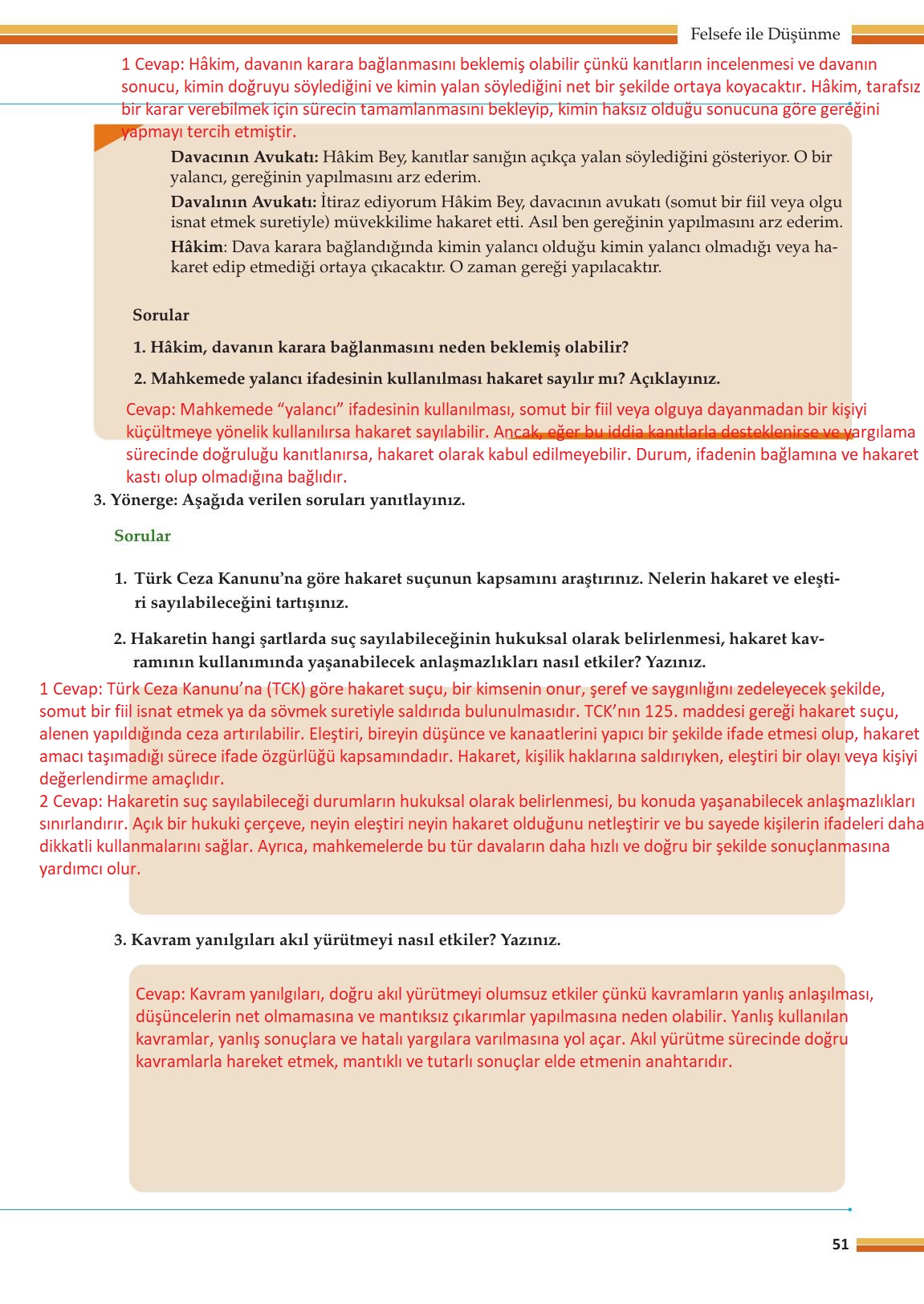 10. Sınıf Meb Yayınları Felsefe Ders Kitabı Sayfa 51 Cevapları