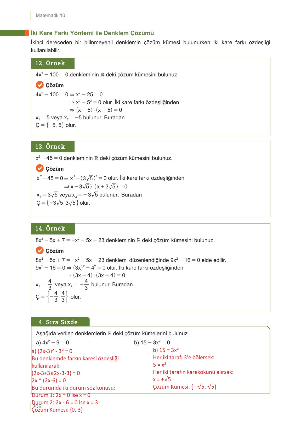 10. Sınıf Meb Yayınları Matematik Ders Kitabı Sayfa 206 Cevapları