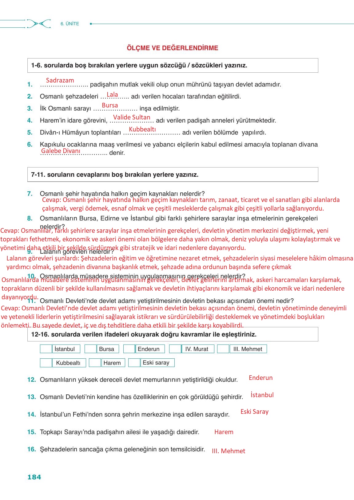 10. Sınıf Meb Yayınları Tarih Ders Kitabı Sayfa 184 Cevapları