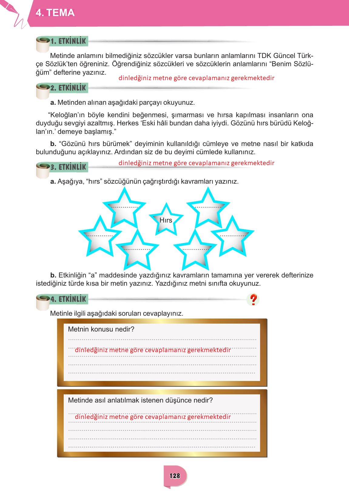 6. Sınıf Meb Yayınları Türkçe Ders Kitabı Sayfa 128 Cevapları