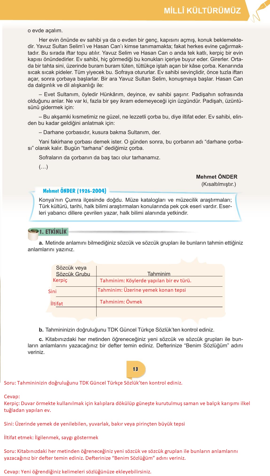 6. Sınıf Meb Yayınları Türkçe Ders Kitabı Sayfa 13 Cevapları
