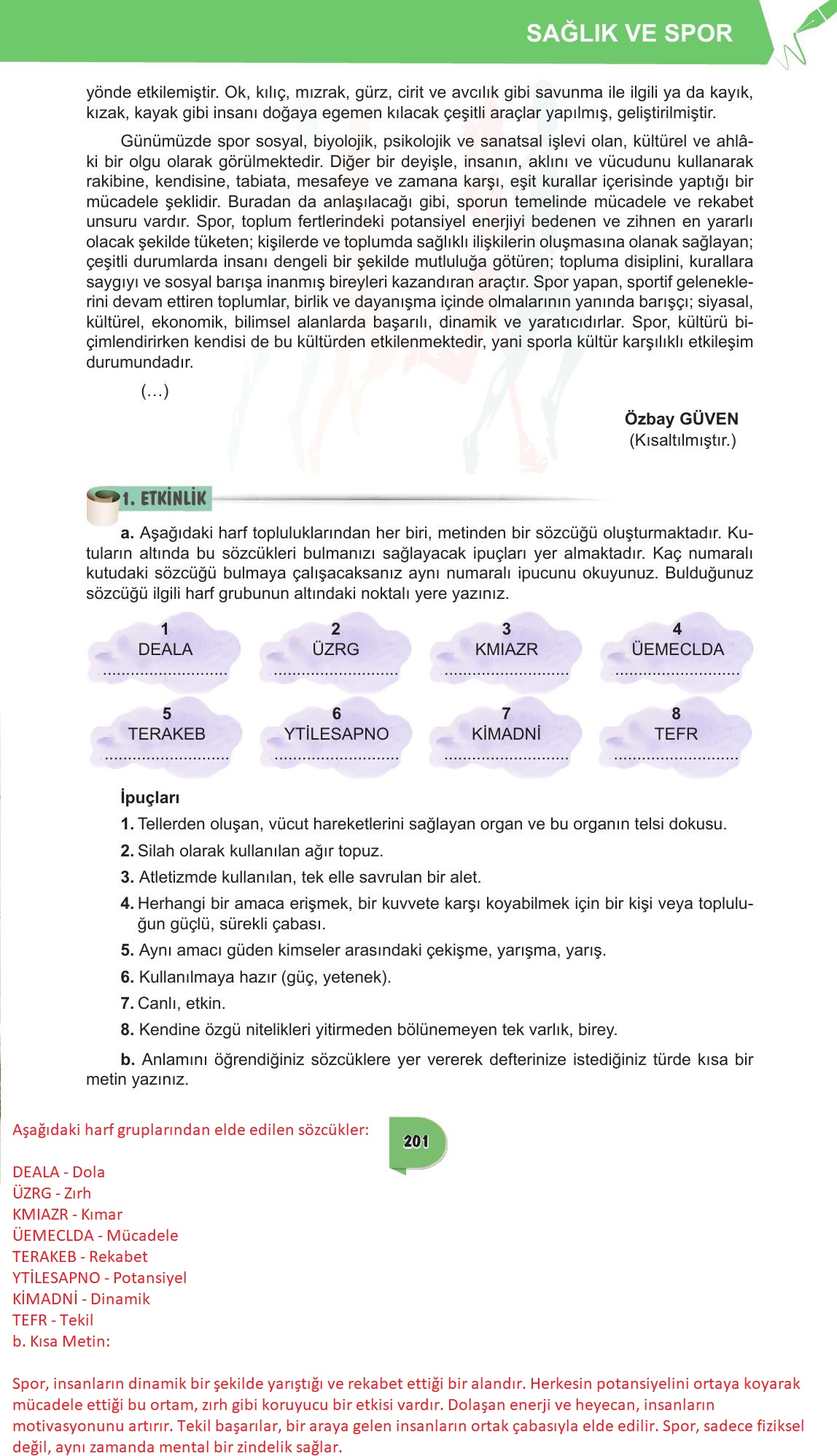 6. Sınıf Meb Yayınları Türkçe Ders Kitabı Sayfa 201 Cevapları