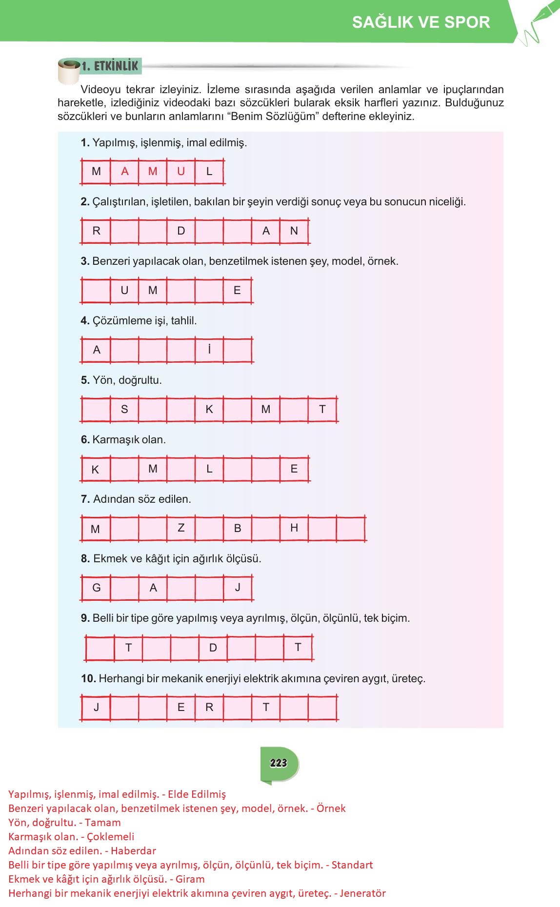 6. Sınıf Meb Yayınları Türkçe Ders Kitabı Sayfa 223 Cevapları