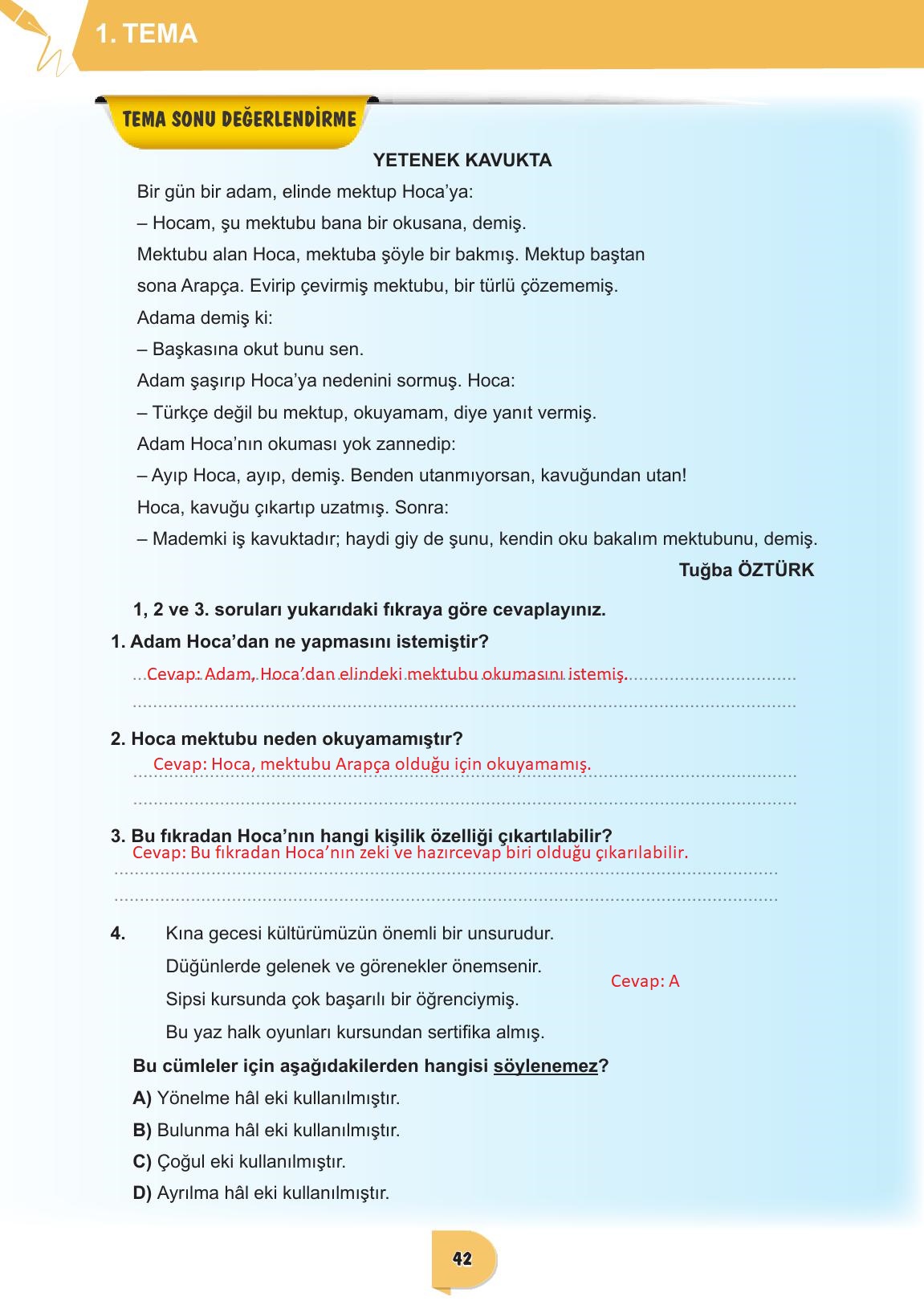 6. Sınıf Meb Yayınları Türkçe Ders Kitabı Sayfa 42 Cevapları