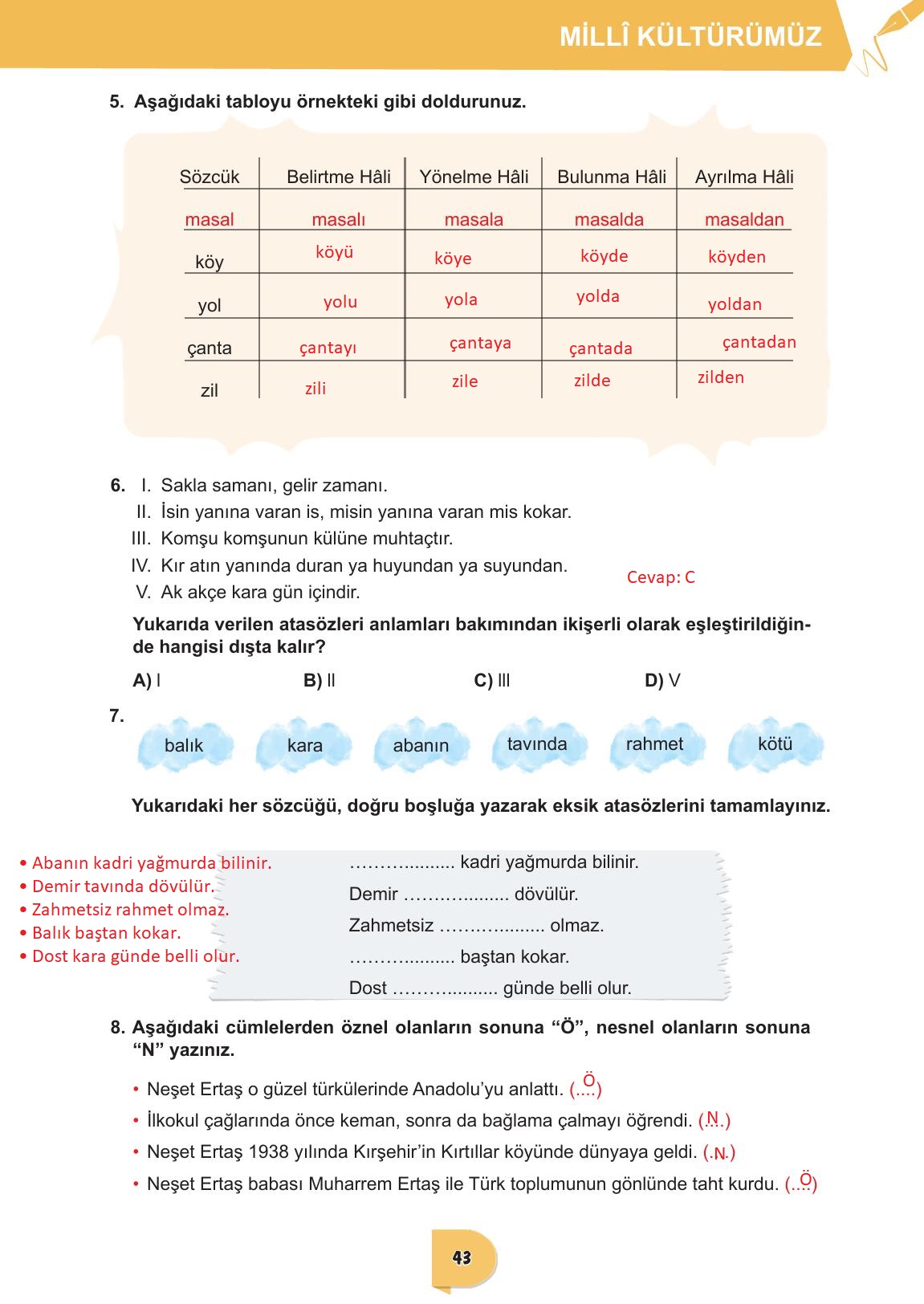 6. Sınıf Meb Yayınları Türkçe Ders Kitabı Sayfa 43 Cevapları
