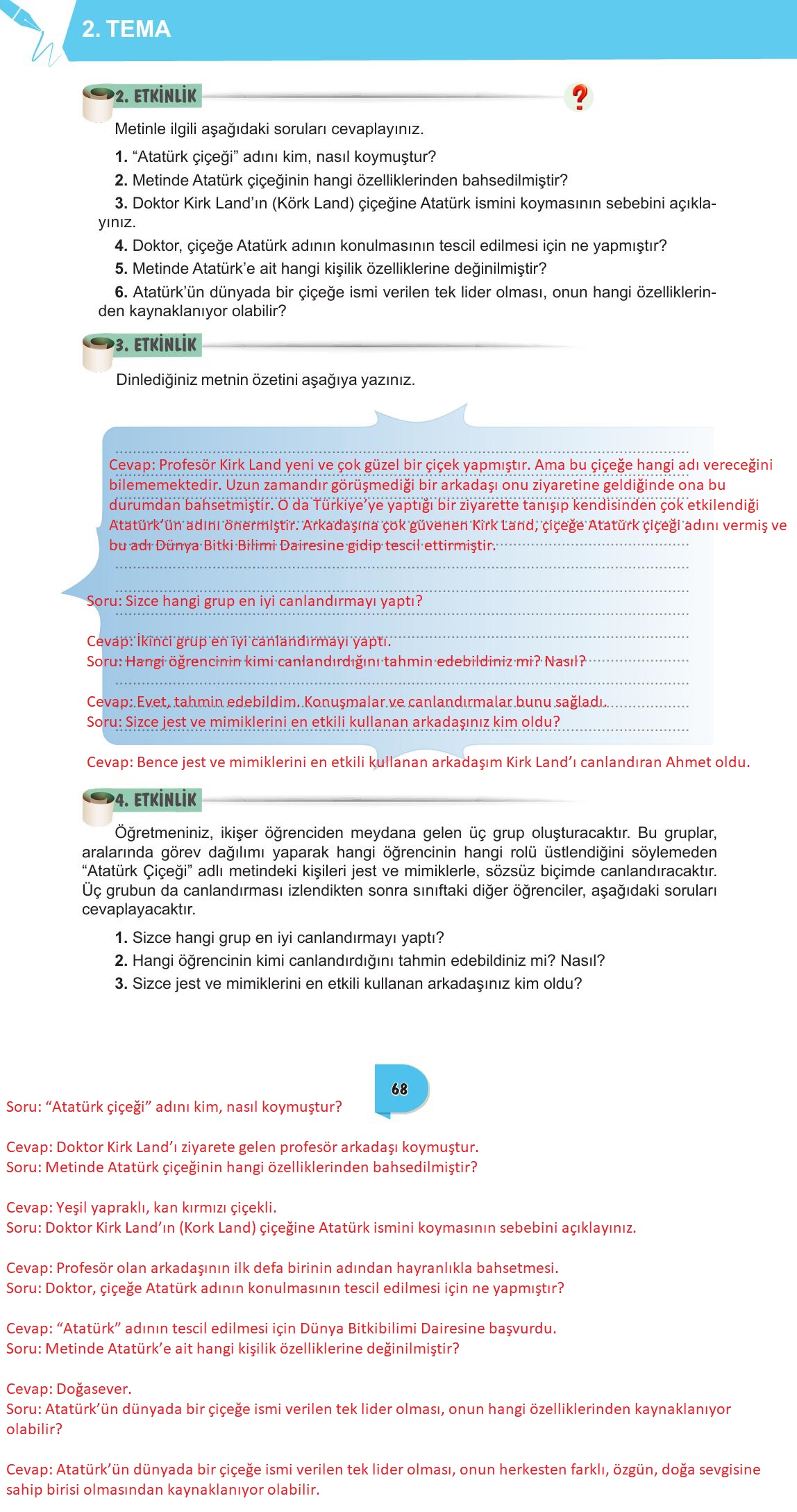 6. Sınıf Meb Yayınları Türkçe Ders Kitabı Sayfa 68 Cevapları