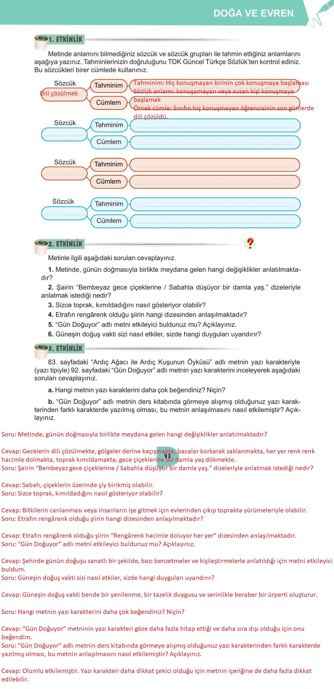6. Sınıf Meb Yayınları Türkçe Ders Kitabı Sayfa 93 Cevapları 6. Sınıf Meb Yayınları Türkçe Ders Kitabı Sayfa 93 Cevapları