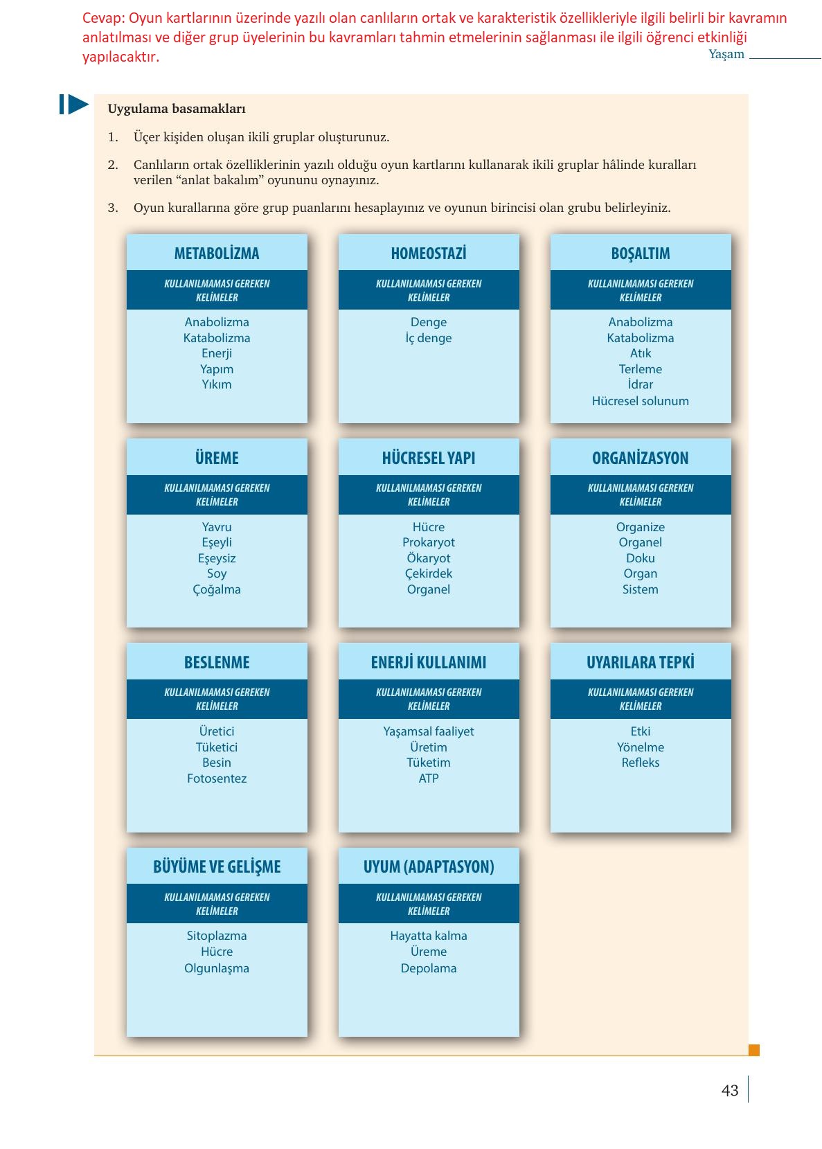9. Sınıf Meb Yayınları Biyoloji Ders Kitabı Sayfa 43 Cevapları
