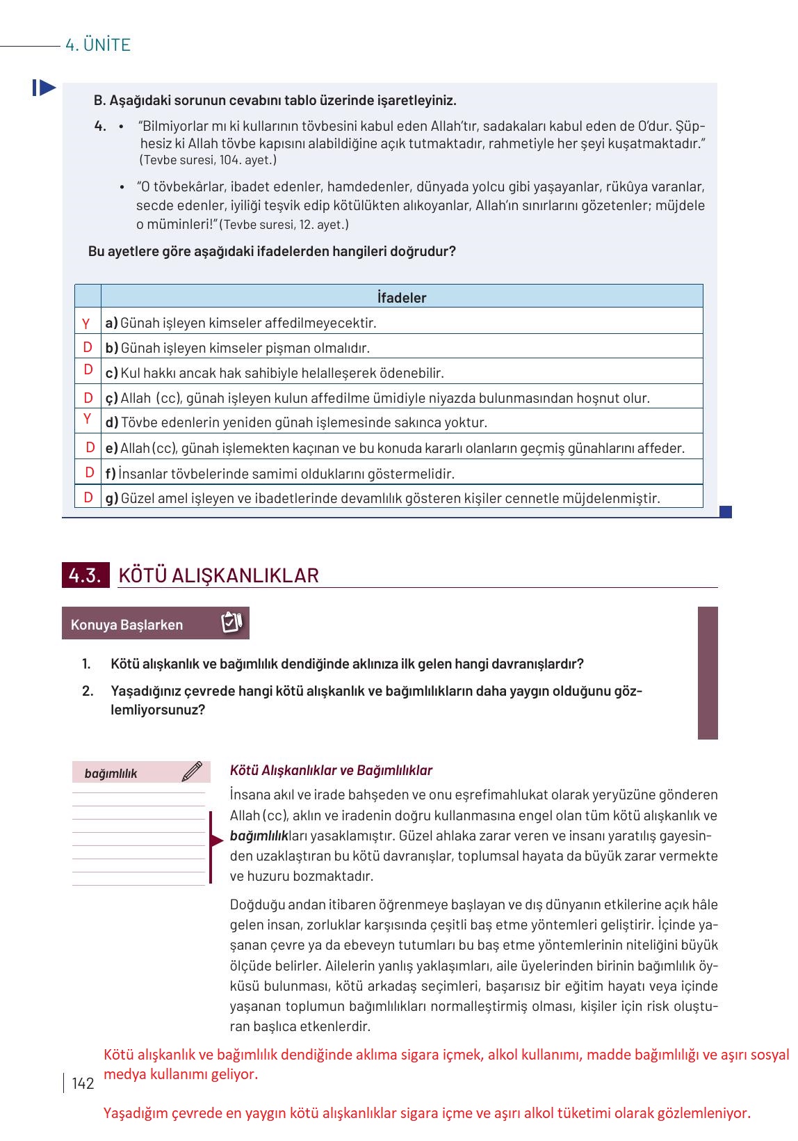 9. Sınıf Meb Yayınları Temel Dini Bilgiler Ders Kitabı Sayfa 142 Cevapları