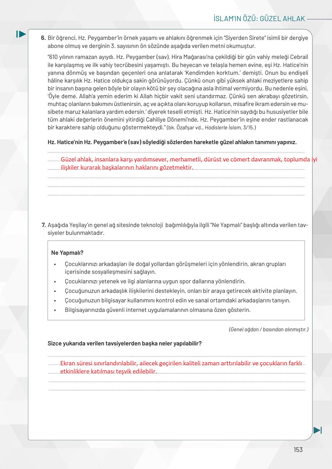 9. Sınıf Meb Yayınları Temel Dini Bilgiler Ders Kitabı Sayfa 153 Cevapları 9. Sınıf Meb Yayınları Temel Dini Bilgiler Ders Kitabı Sayfa 153 Cevapları