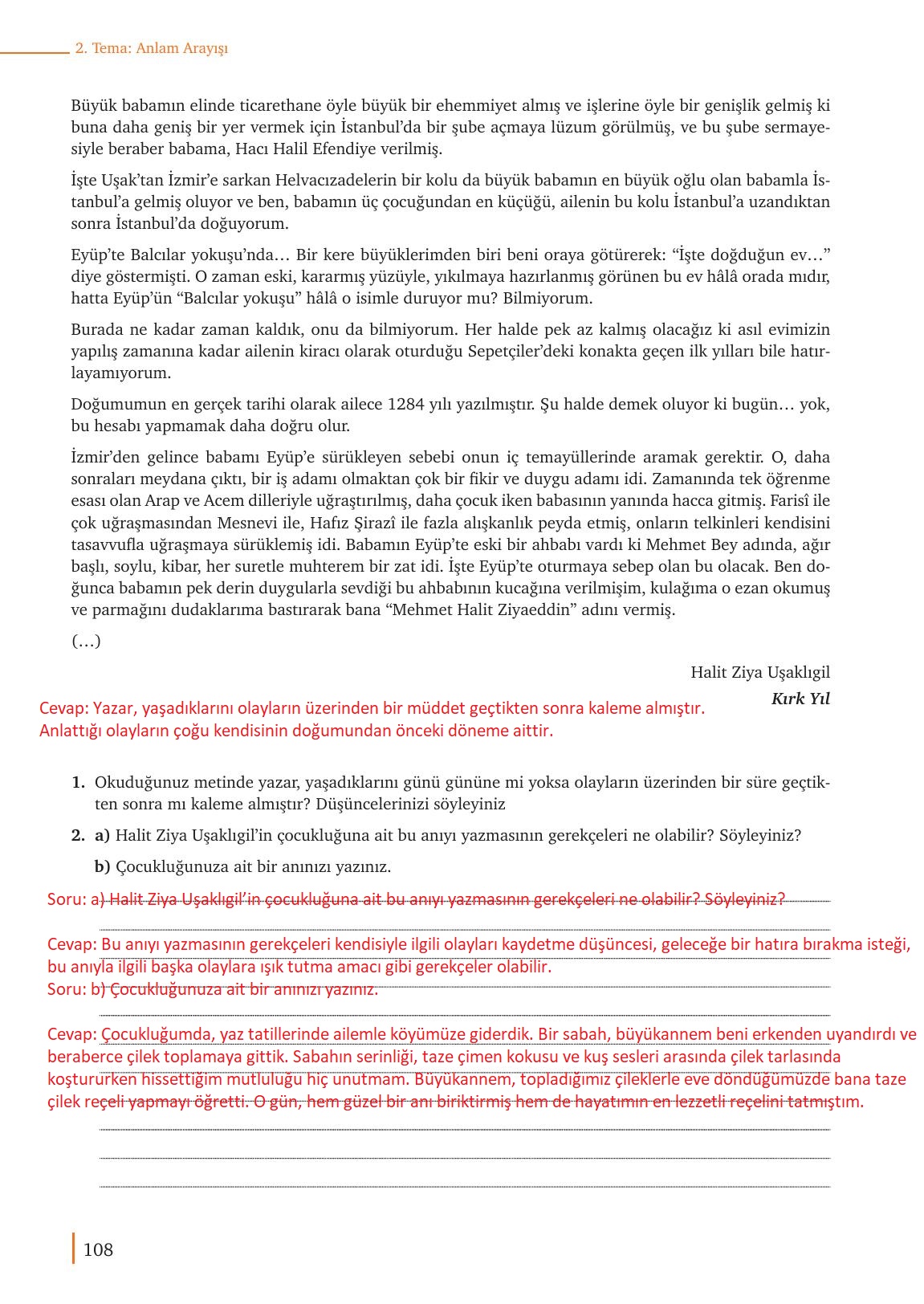 9. Sınıf Meb Yayınları Türk Dili Ve Edebiyatı Ders Kitabı Sayfa 108 Cevapları