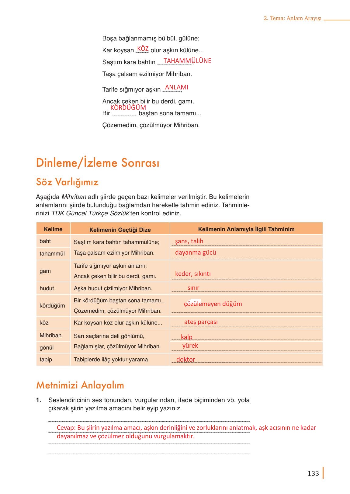 9. Sınıf Meb Yayınları Türk Dili Ve Edebiyatı Ders Kitabı Sayfa 133 Cevapları