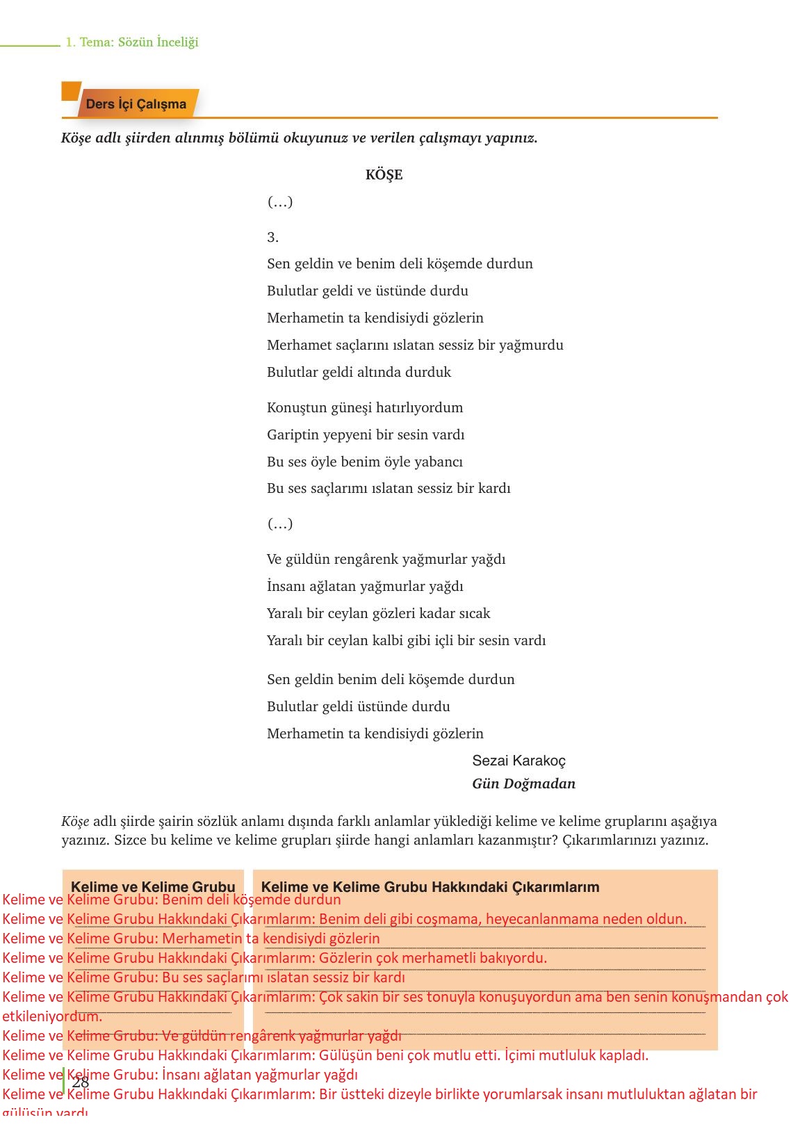 9. Sınıf Meb Yayınları Türk Dili Ve Edebiyatı Ders Kitabı Sayfa 28 Cevapları