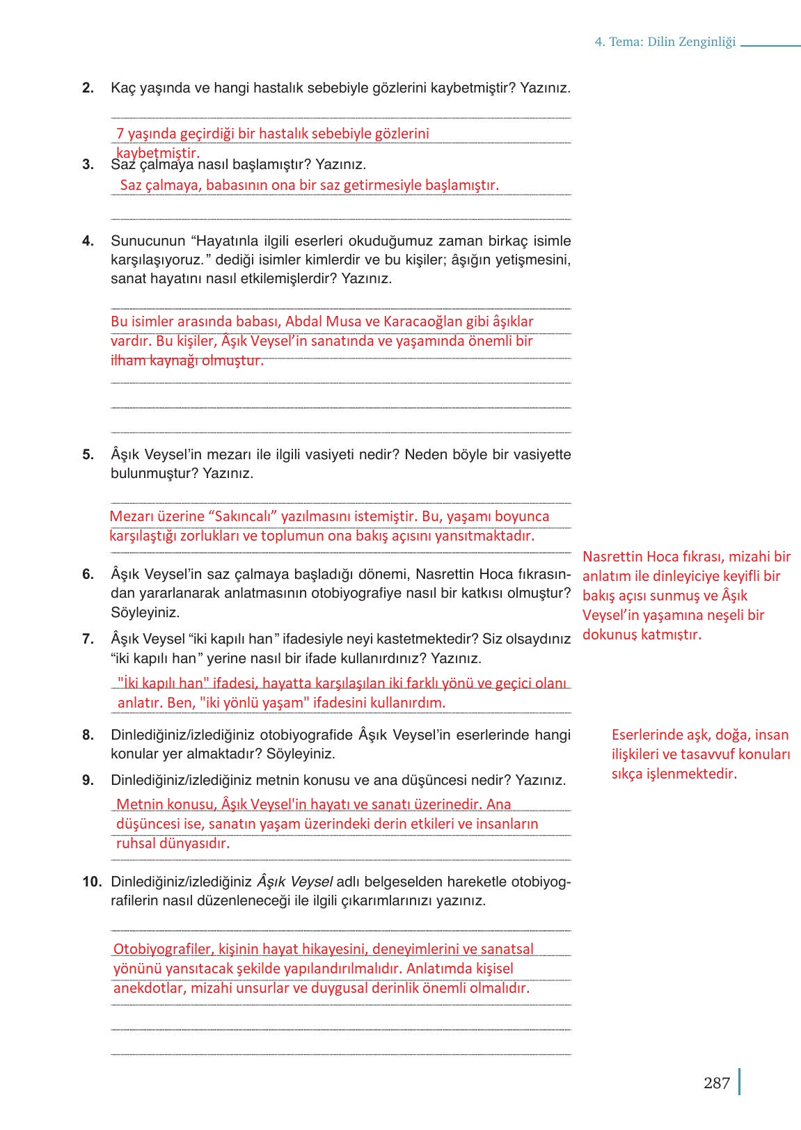 9. Sınıf Meb Yayınları Türk Dili Ve Edebiyatı Ders Kitabı Sayfa 287 Cevapları