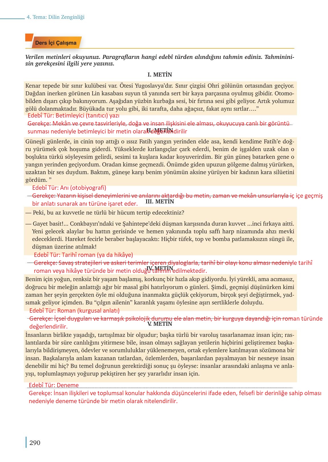 9. Sınıf Meb Yayınları Türk Dili Ve Edebiyatı Ders Kitabı Sayfa 290 Cevapları