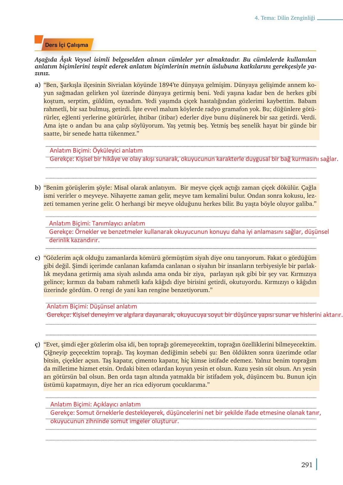 9. Sınıf Meb Yayınları Türk Dili Ve Edebiyatı Ders Kitabı Sayfa 291 Cevapları