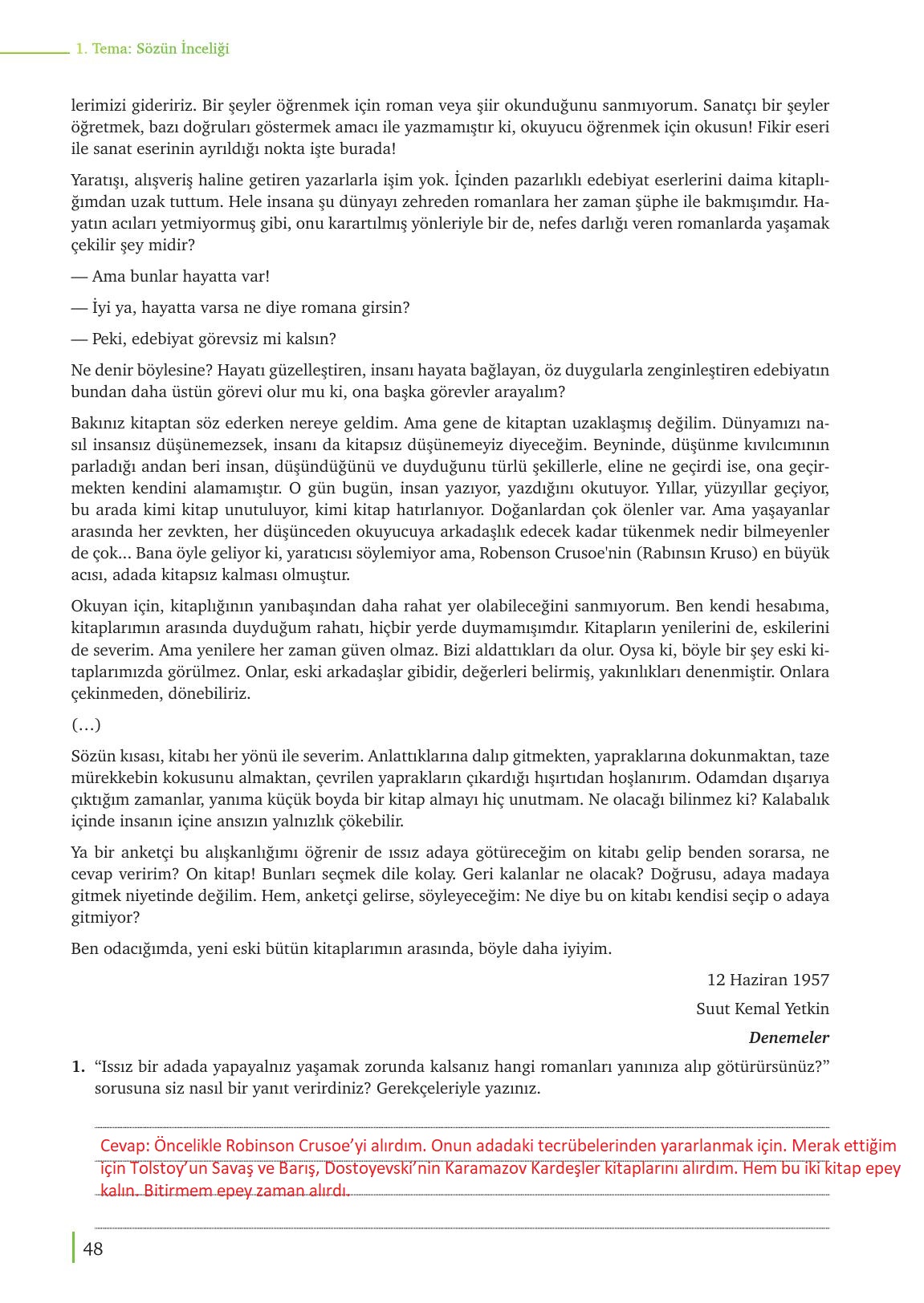 9. Sınıf Meb Yayınları Türk Dili Ve Edebiyatı Ders Kitabı Sayfa 48 Cevapları
