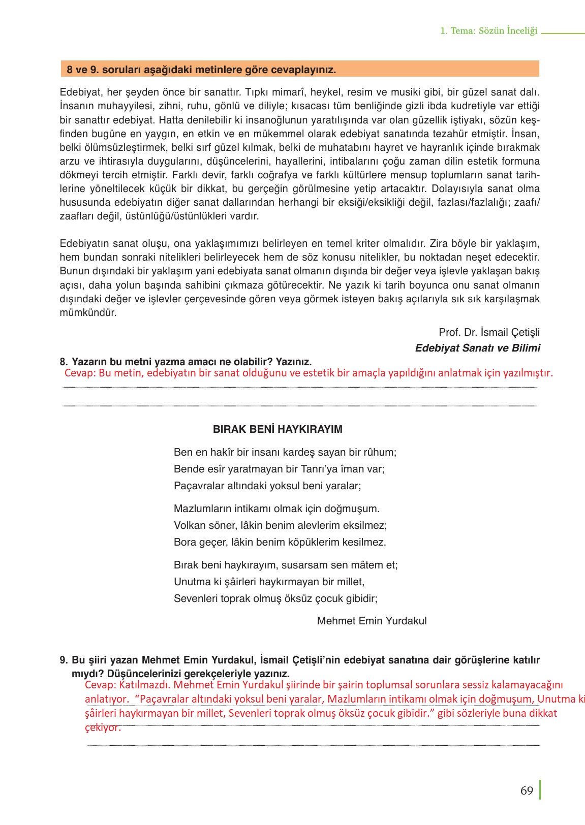 9. Sınıf Meb Yayınları Türk Dili Ve Edebiyatı Ders Kitabı Sayfa 69 Cevapları