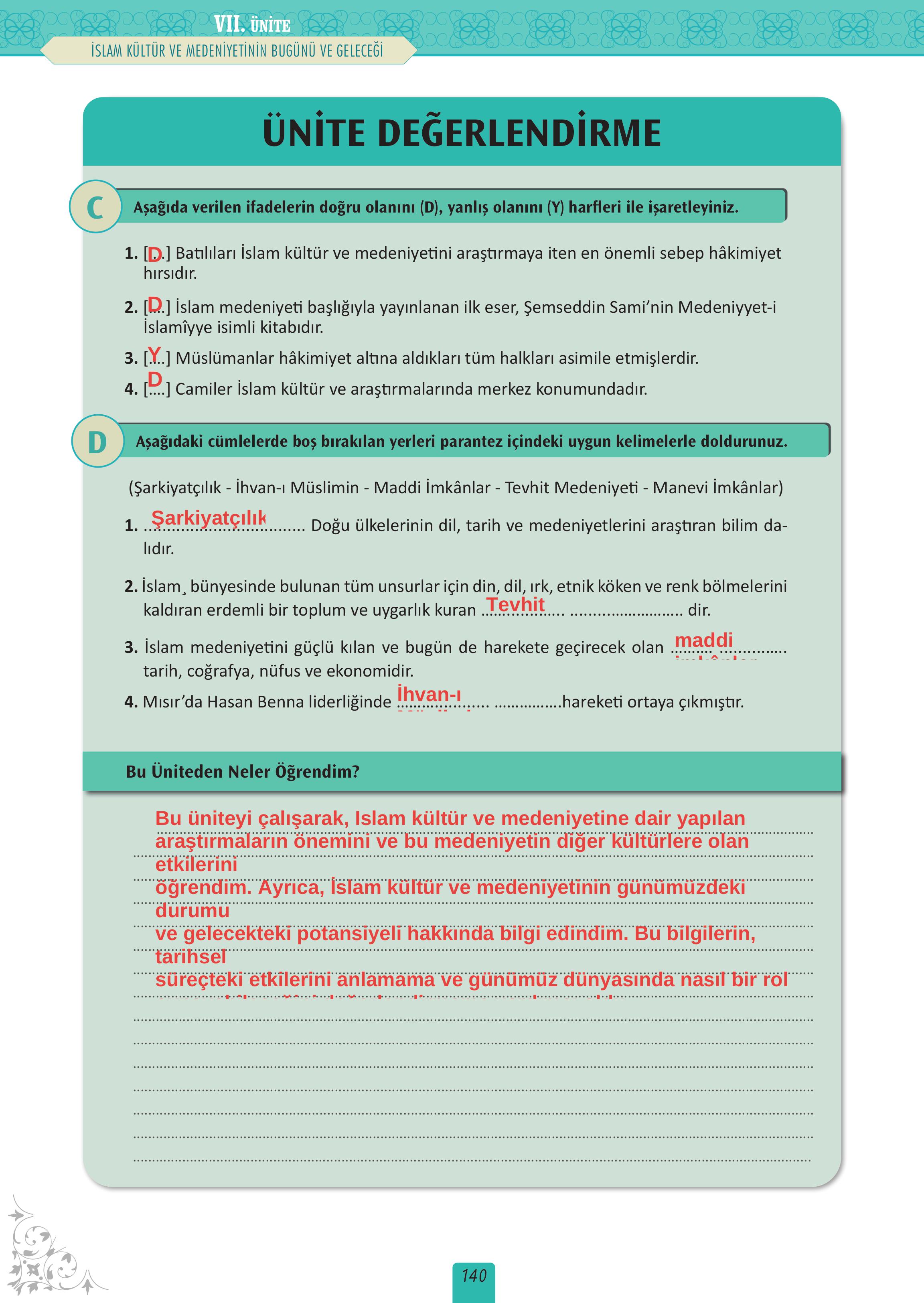12. Sınıf Meb Yayınları İslam Kültür Ve Medeniyeti Ders Kitabı Sayfa 140 Cevapları