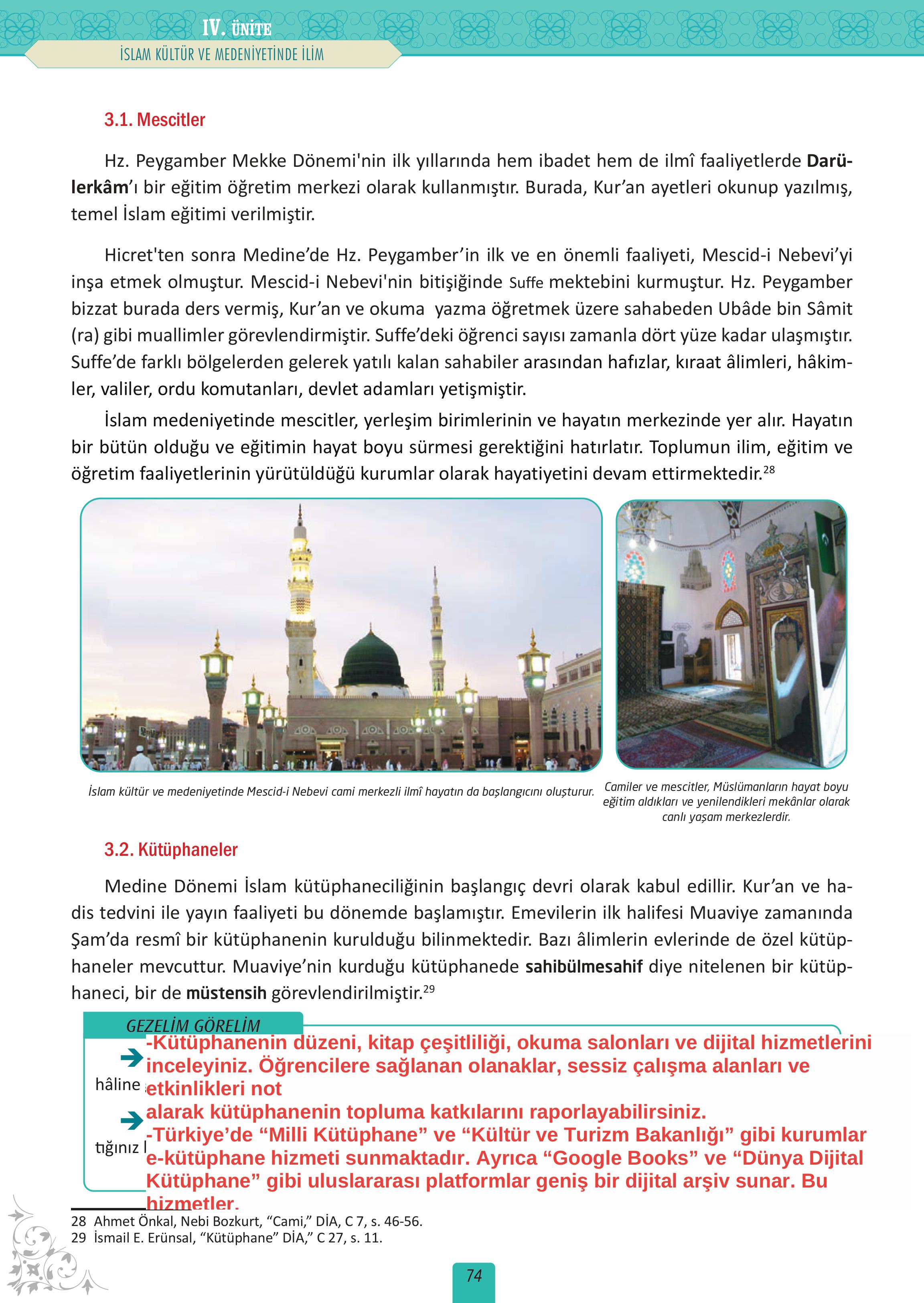 12. Sınıf Meb Yayınları İslam Kültür Ve Medeniyeti Ders Kitabı Sayfa 74 Cevapları