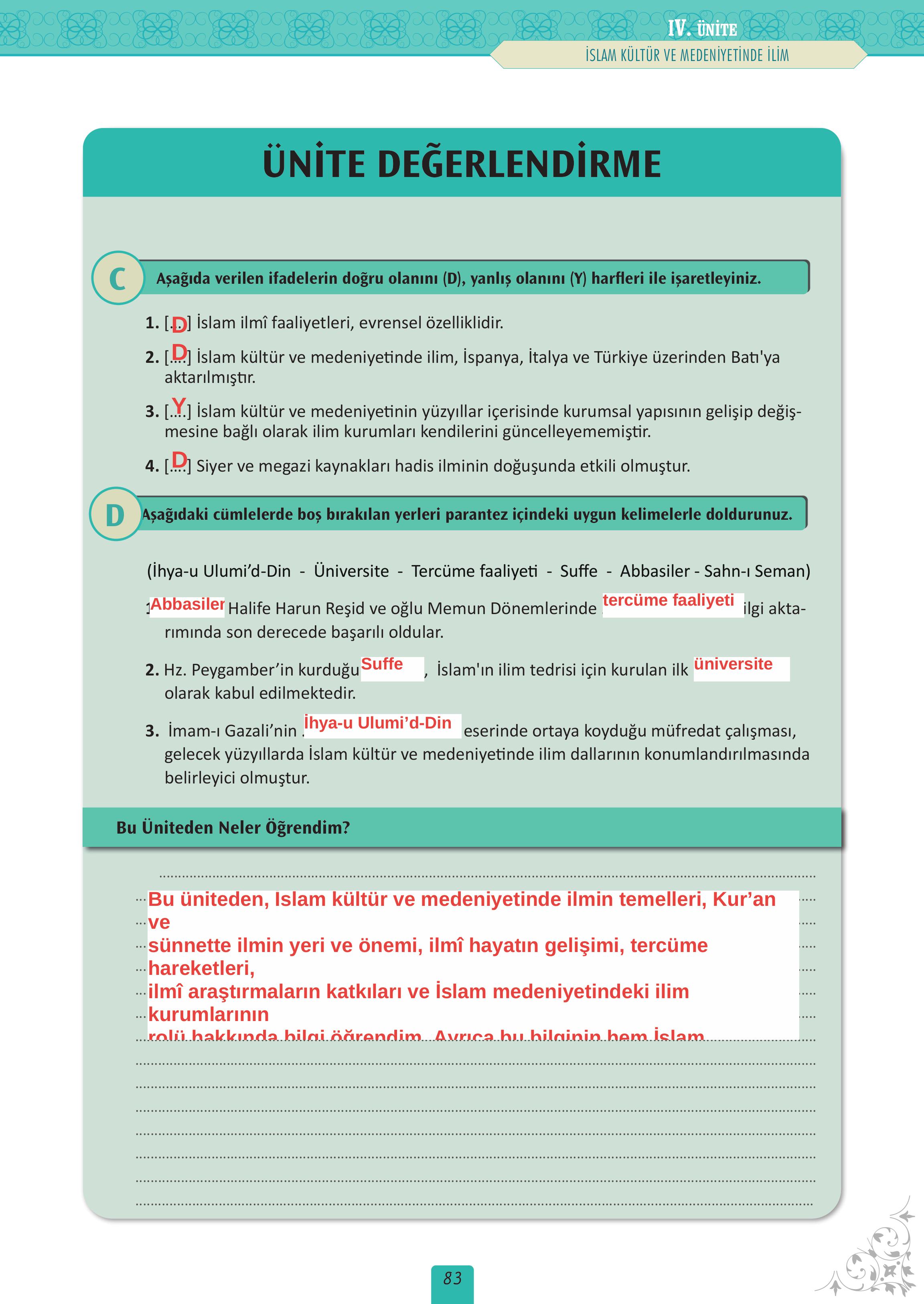 12. Sınıf Meb Yayınları İslam Kültür Ve Medeniyeti Ders Kitabı Sayfa 83 Cevapları