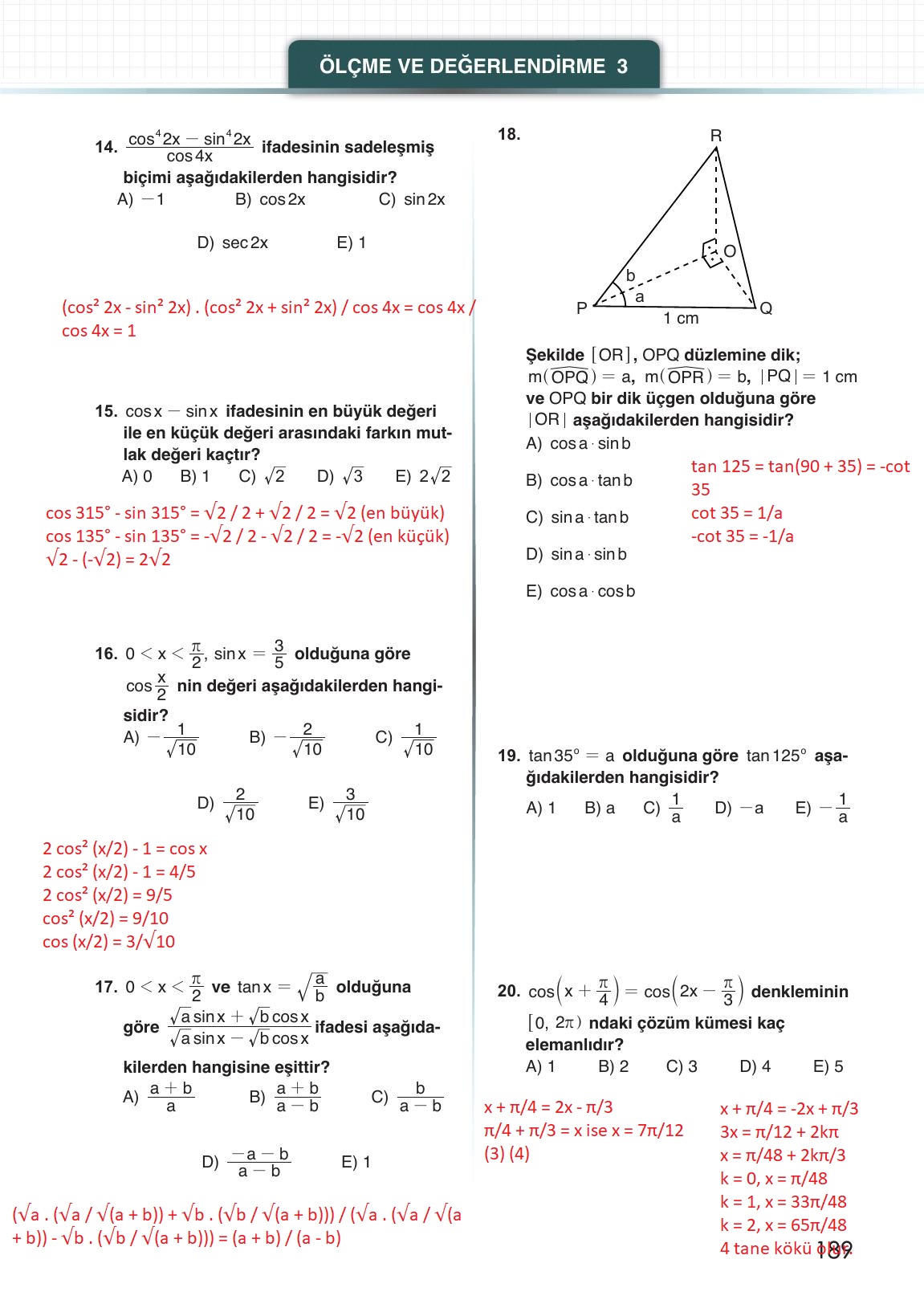 12. Sınıf Meb Yayınları Matematik Ders Kitabı Sayfa 189 Cevapları