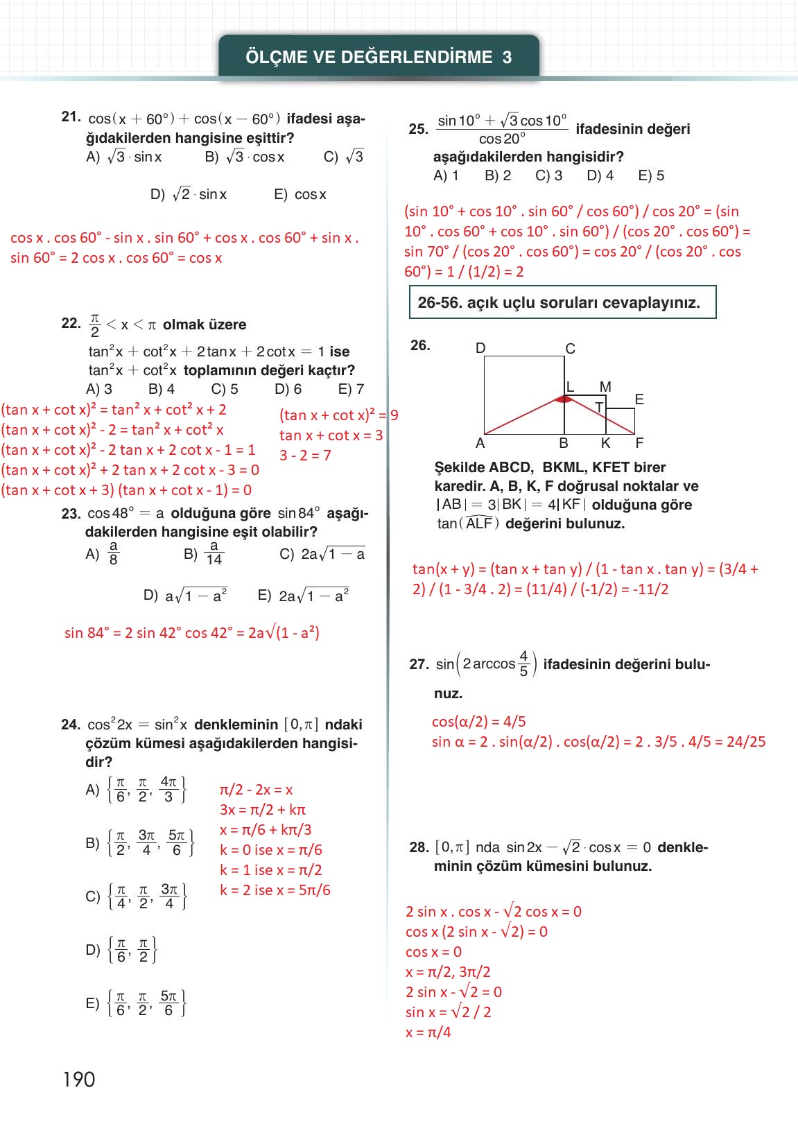 12. Sınıf Meb Yayınları Matematik Ders Kitabı Sayfa 190 Cevapları