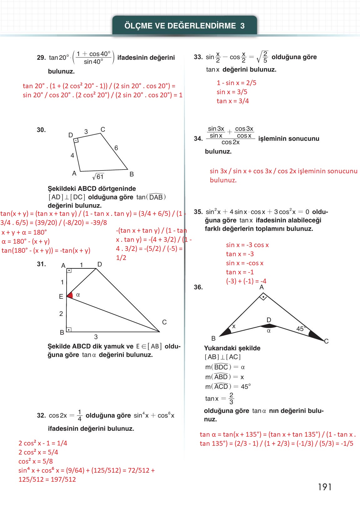 12. Sınıf Meb Yayınları Matematik Ders Kitabı Sayfa 191 Cevapları