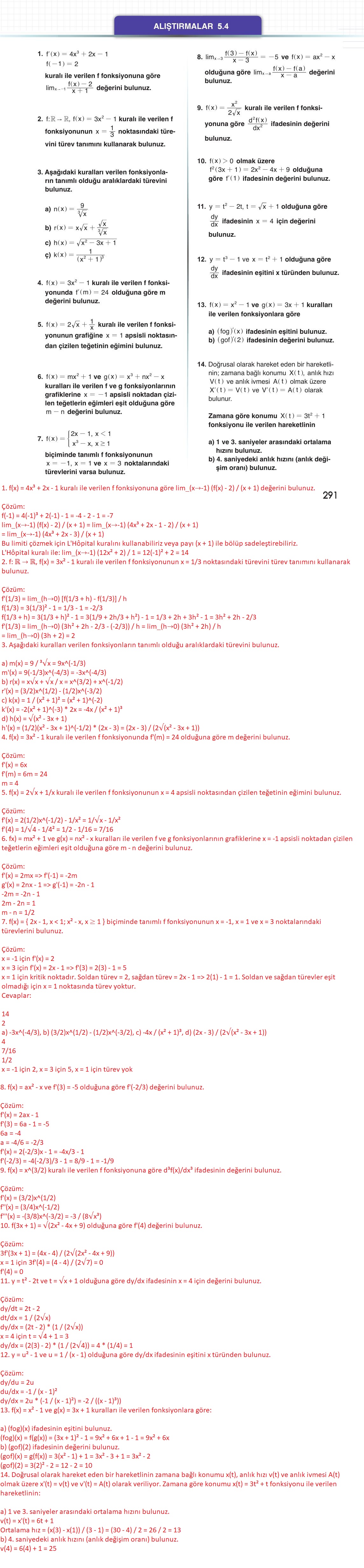 12. Sınıf Meb Yayınları Matematik Ders Kitabı Sayfa 291 Cevapları