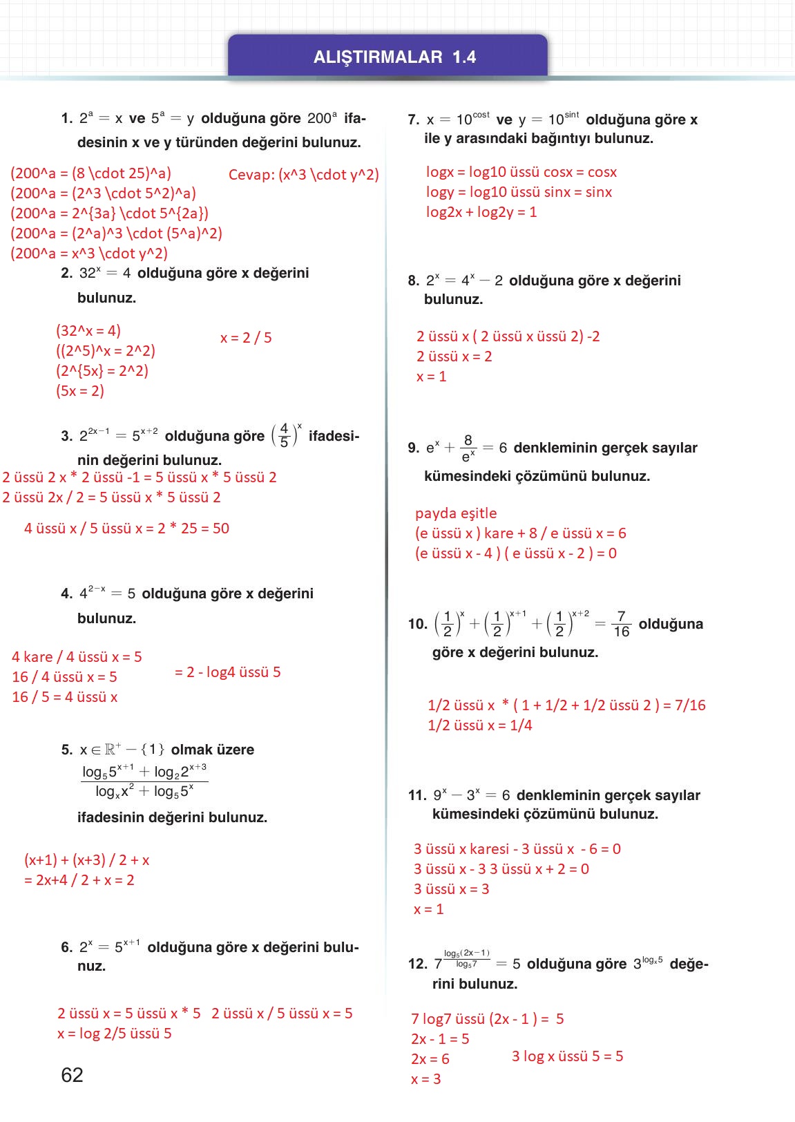 12. Sınıf Meb Yayınları Matematik Ders Kitabı Sayfa 62 Cevapları