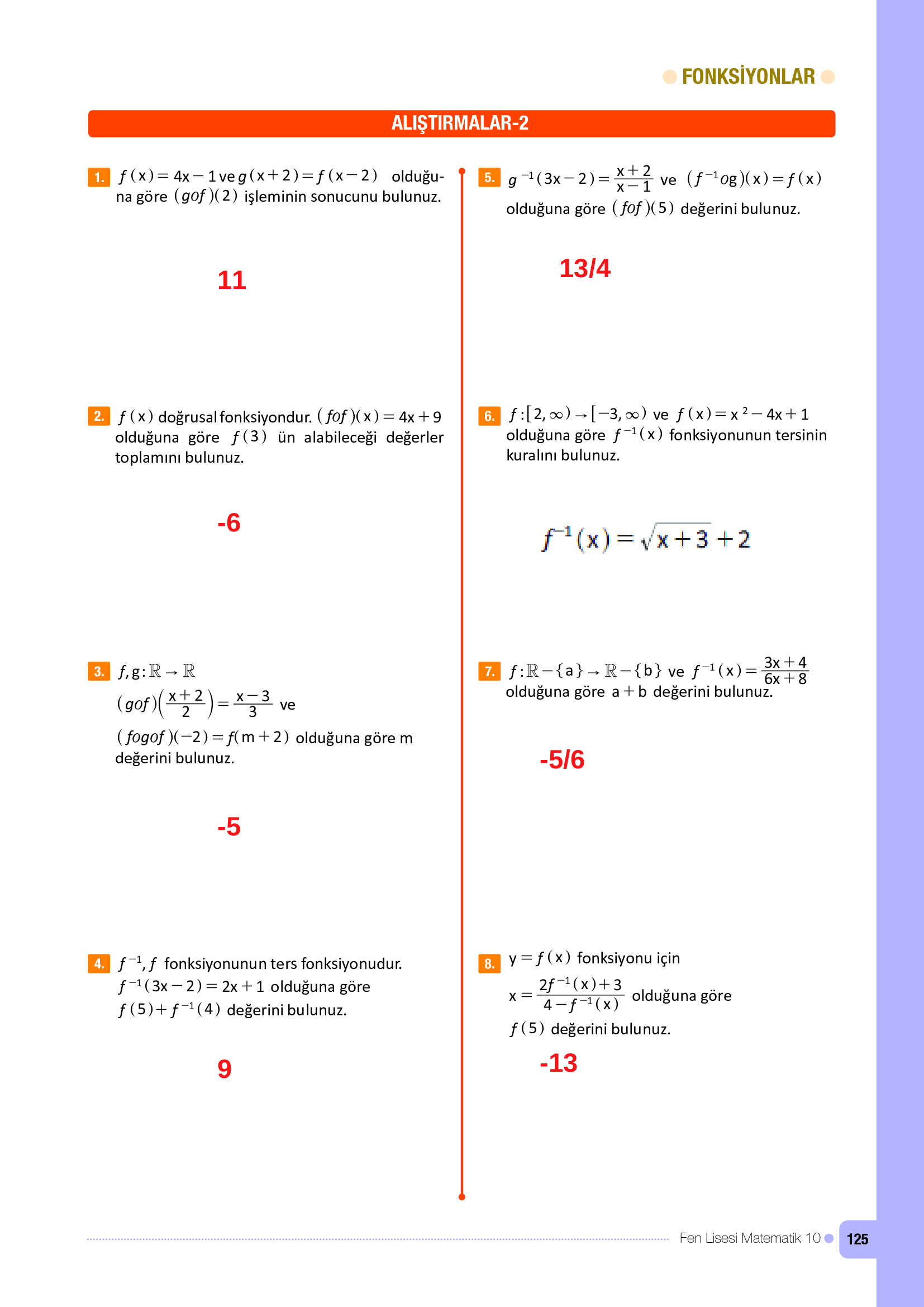 10. Sınıf Meb Yayınları Fen Lisesi Matematik Ders Kitabı Sayfa 125 Cevapları