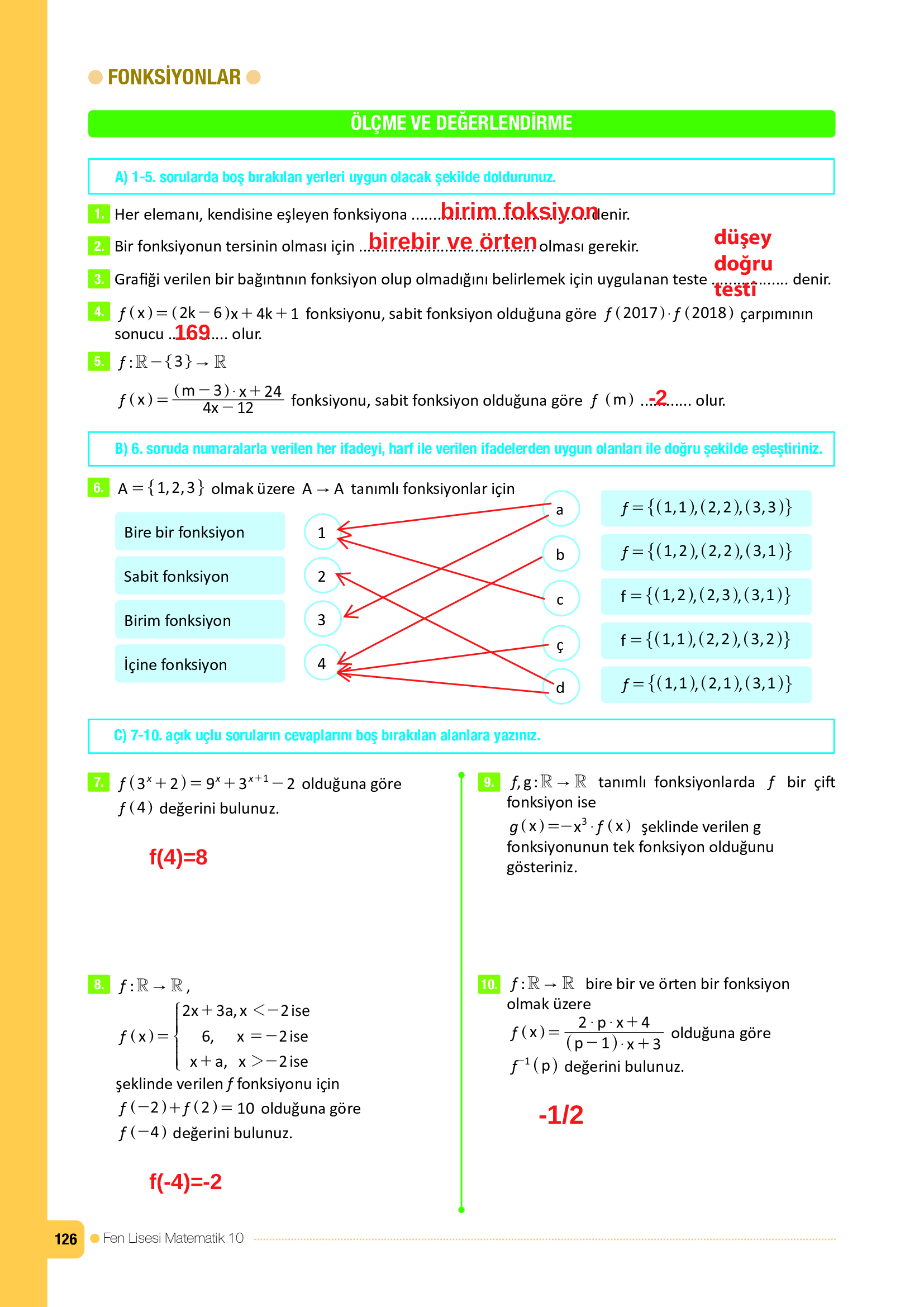 10. Sınıf Meb Yayınları Fen Lisesi Matematik Ders Kitabı Sayfa 126 Cevapları