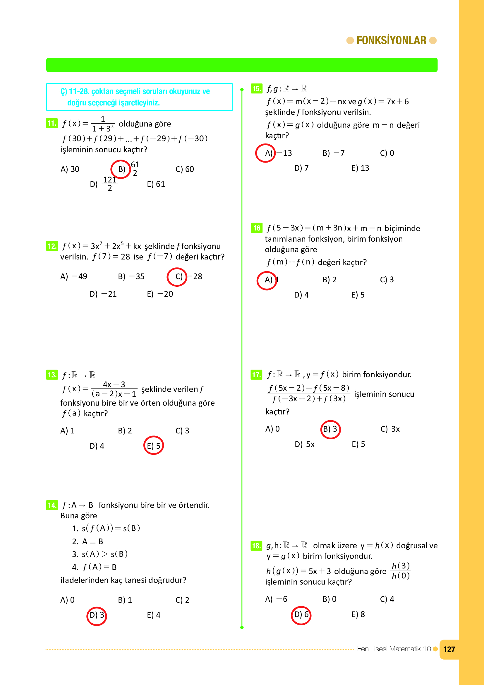 10. Sınıf Meb Yayınları Fen Lisesi Matematik Ders Kitabı Sayfa 127 Cevapları