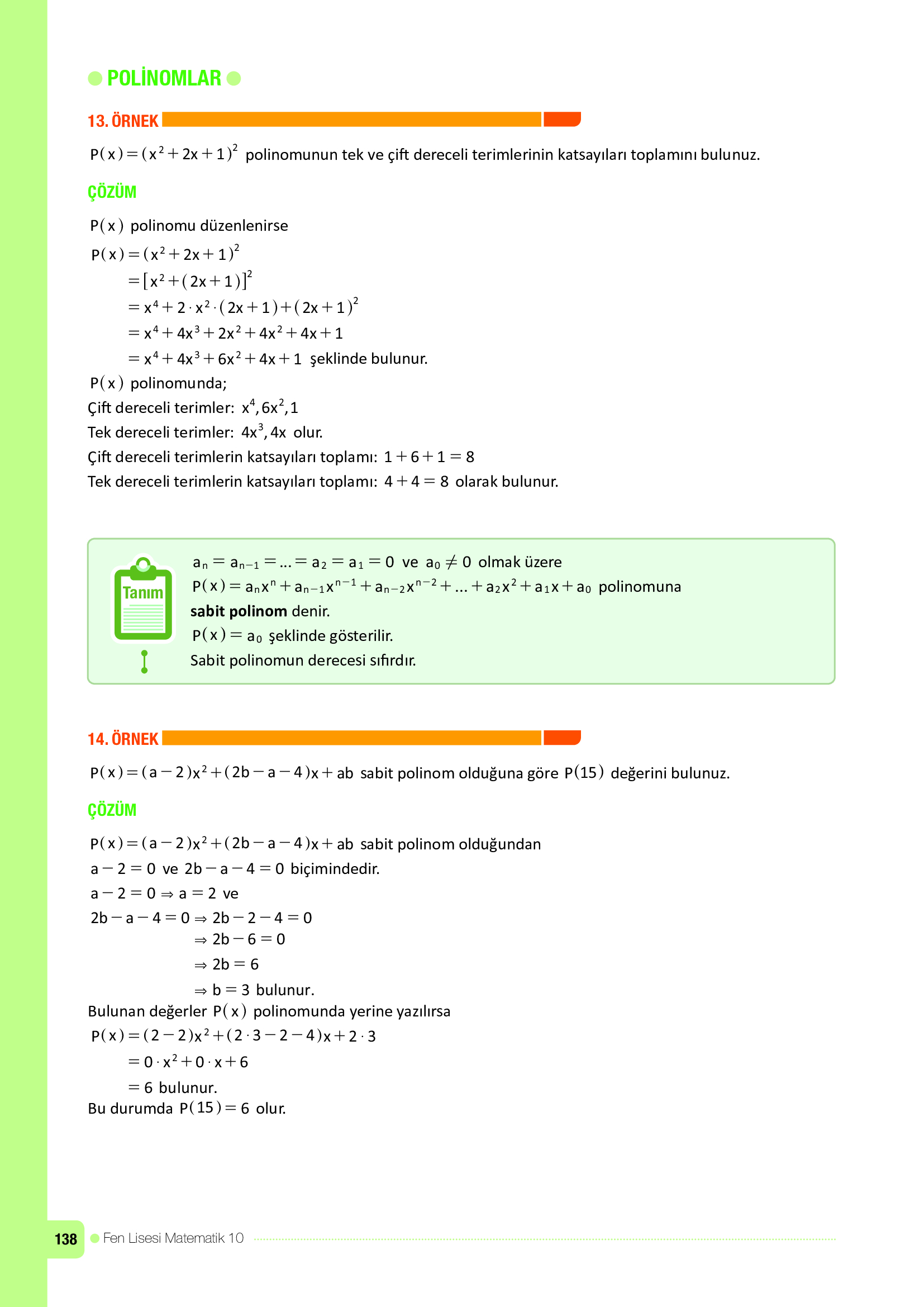 10. Sınıf Meb Yayınları Fen Lisesi Matematik Ders Kitabı Sayfa 138 Cevapları