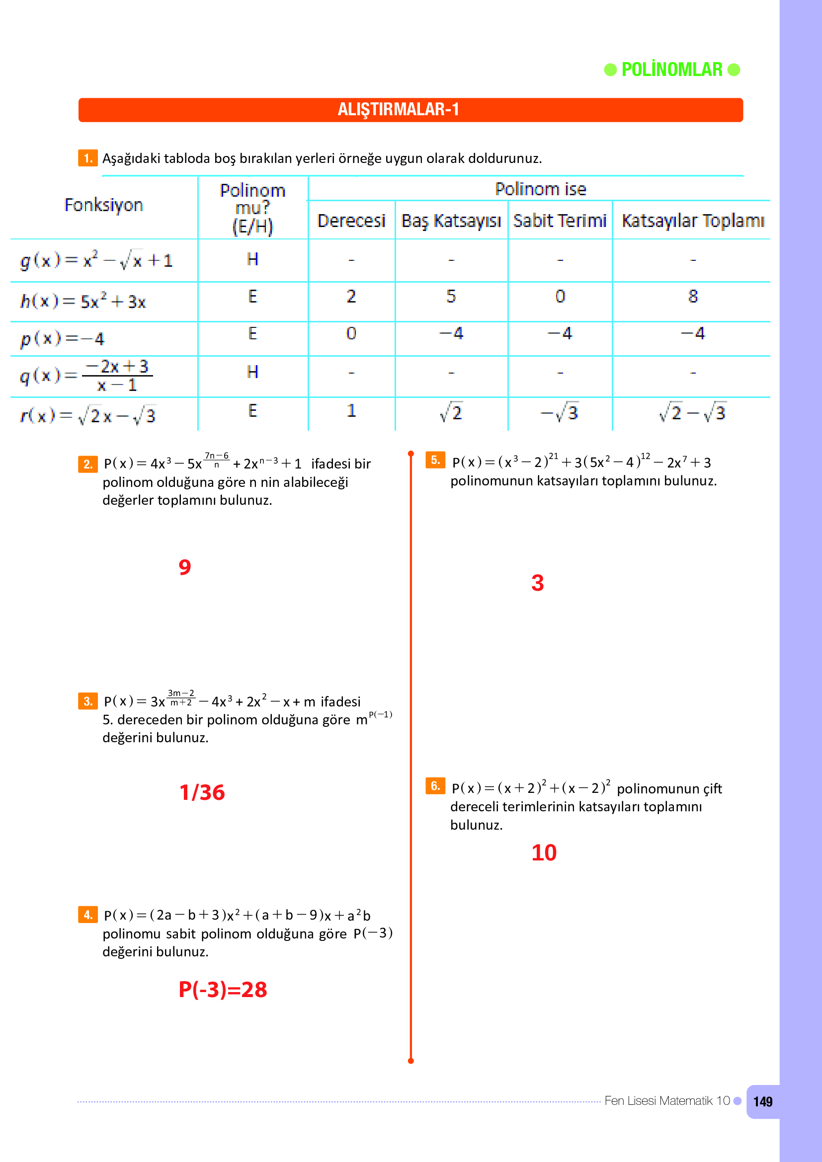 10. Sınıf Meb Yayınları Fen Lisesi Matematik Ders Kitabı Sayfa 149 Cevapları