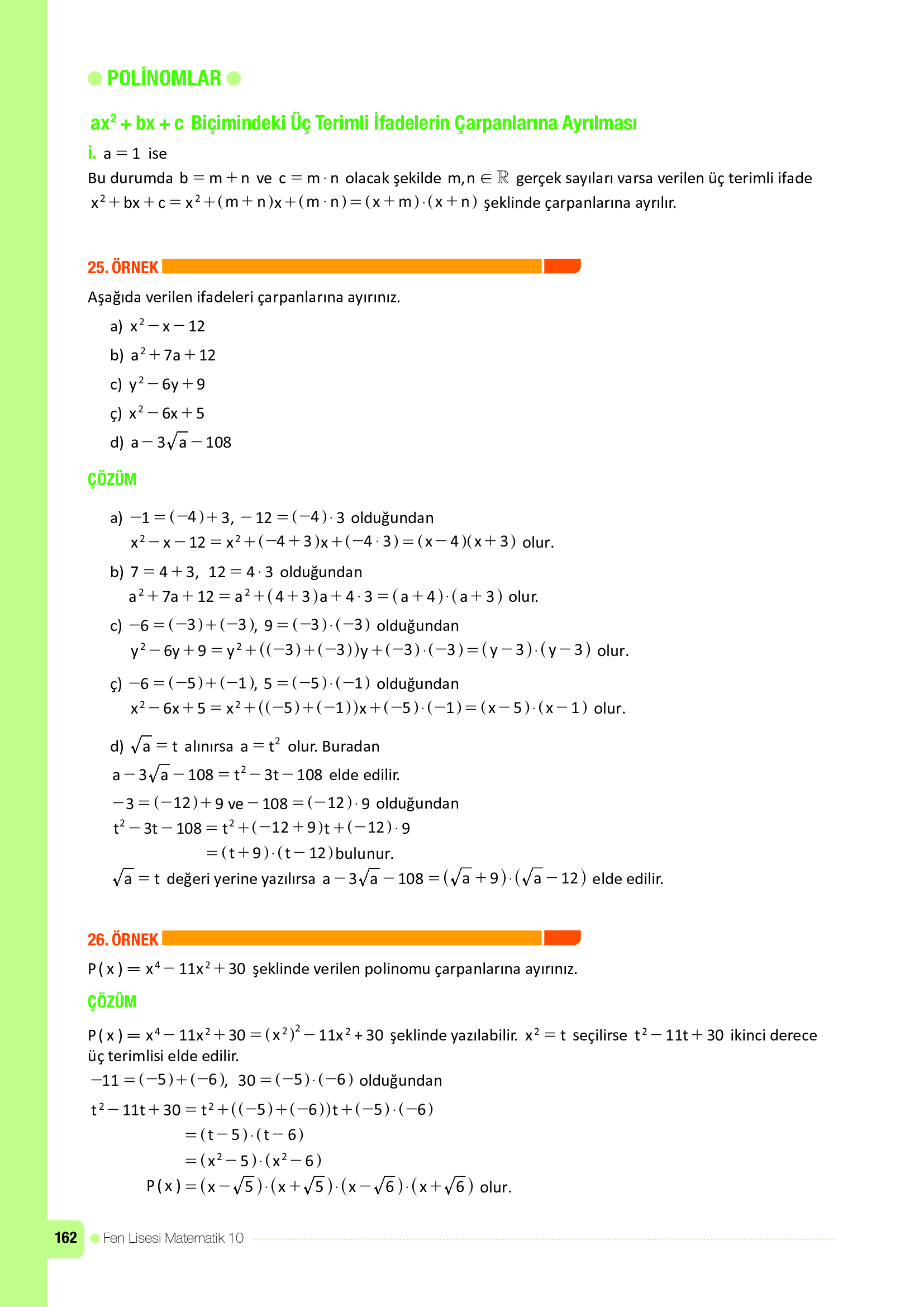 10. Sınıf Meb Yayınları Fen Lisesi Matematik Ders Kitabı Sayfa 162 Cevapları