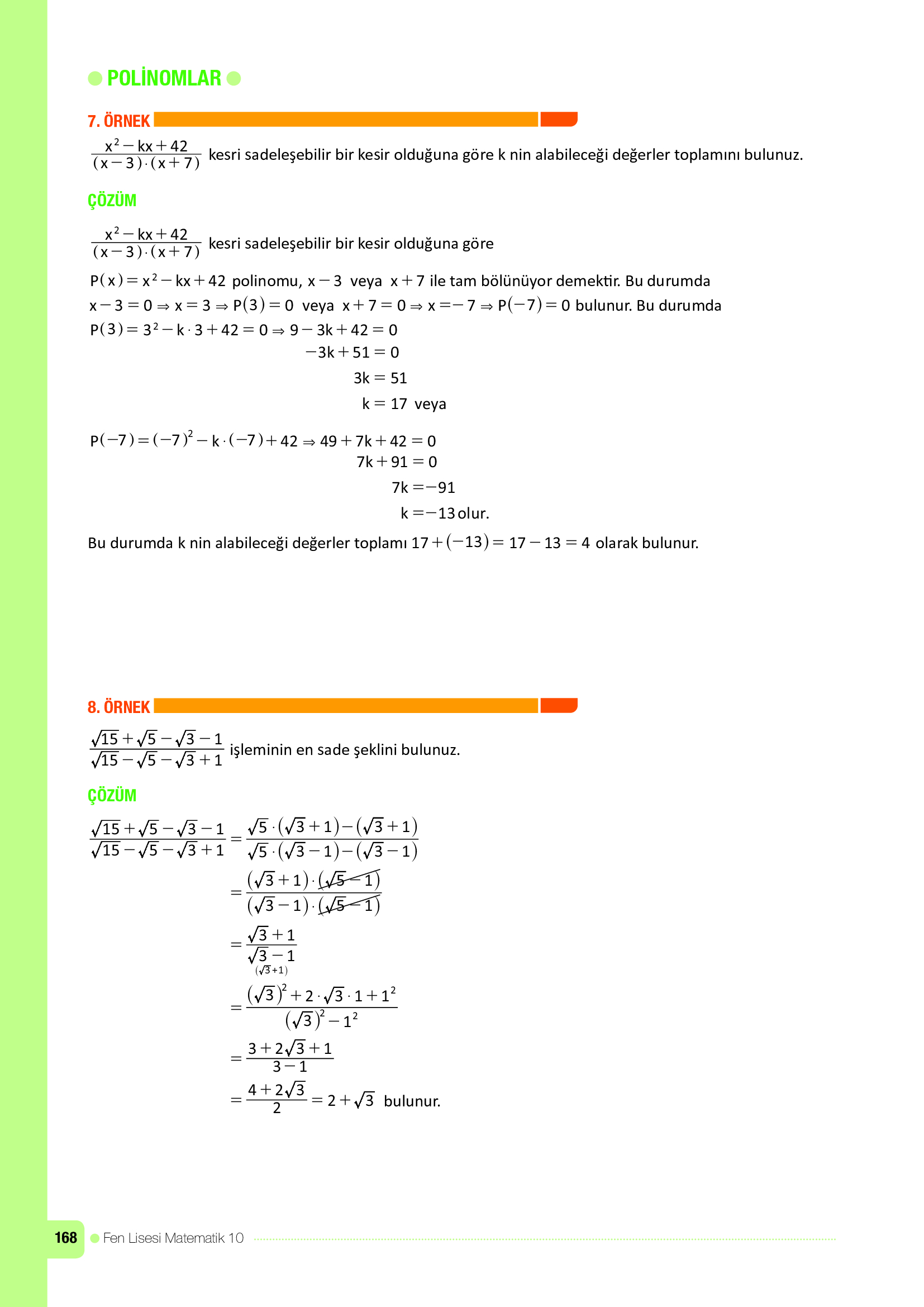 10. Sınıf Meb Yayınları Fen Lisesi Matematik Ders Kitabı Sayfa 168 Cevapları