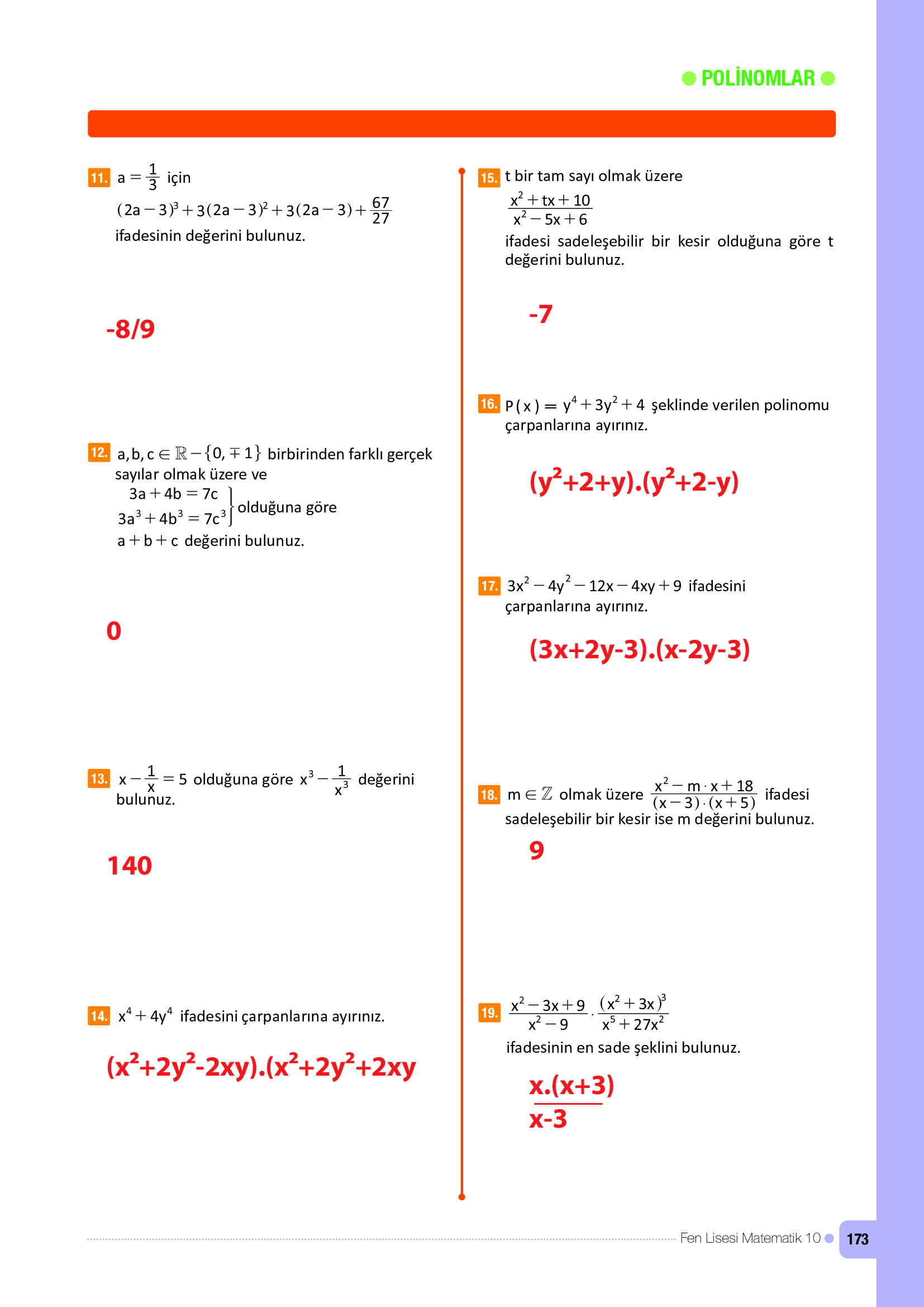 10. Sınıf Meb Yayınları Fen Lisesi Matematik Ders Kitabı Sayfa 173 Cevapları